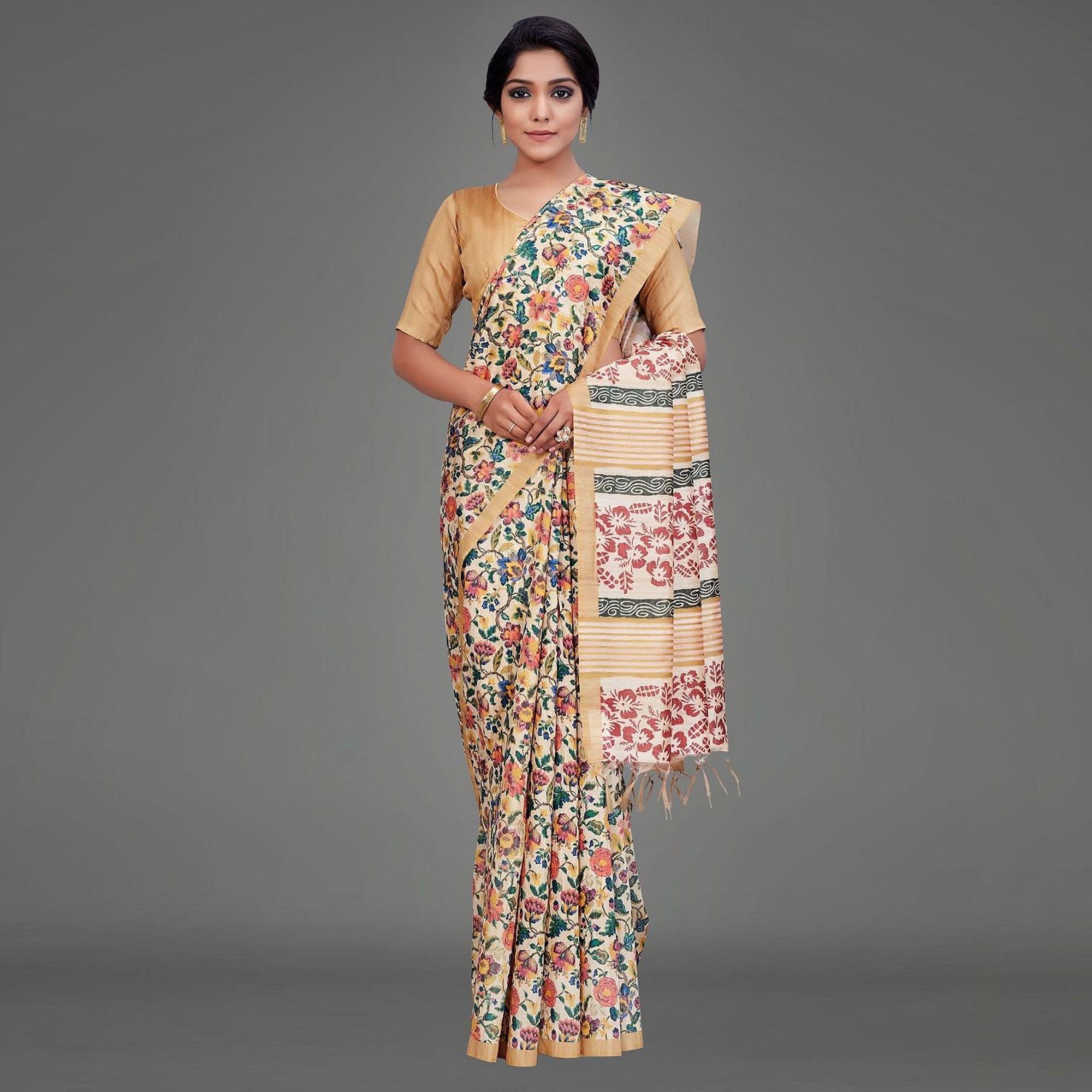 Sareemall Beige Casual Art Silk Printed Saree With Unstitched Blouse - Peachmode