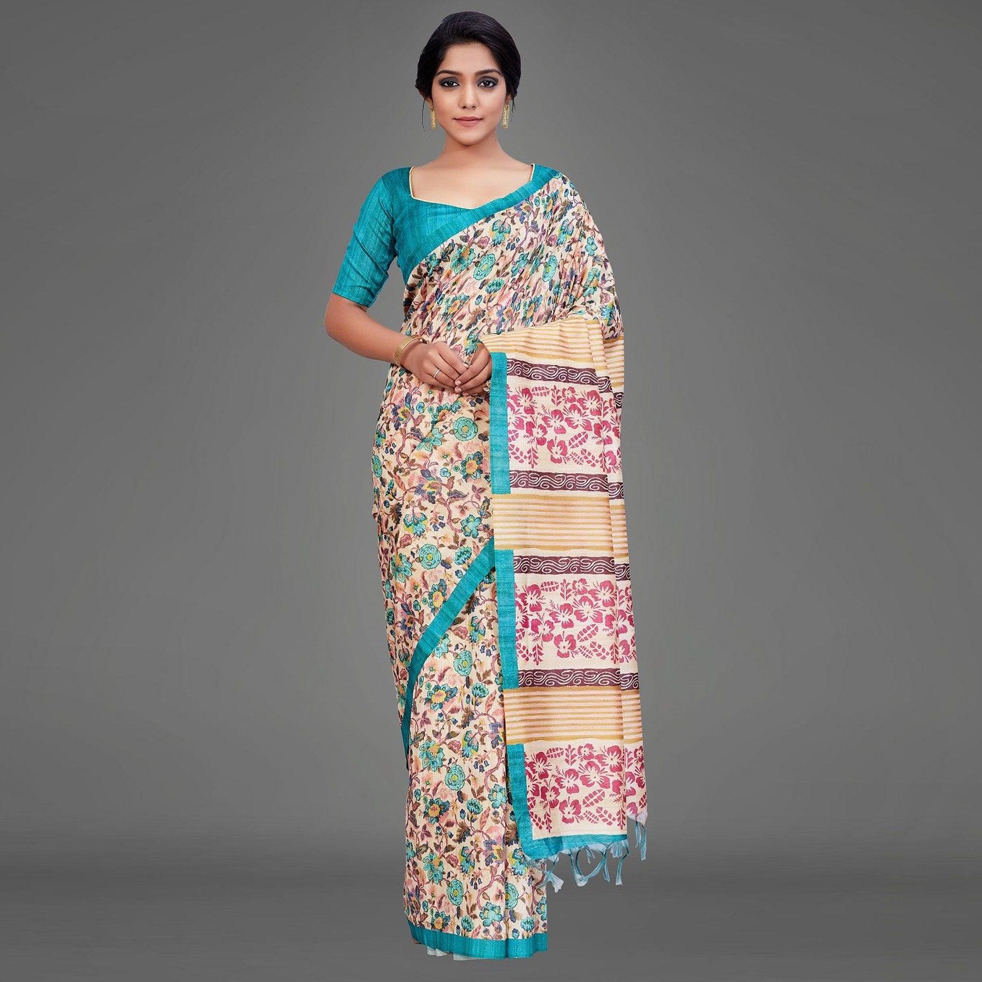 Sareemall Beige Casual Art Silk Printed Saree With Unstitched Blouse - Peachmode