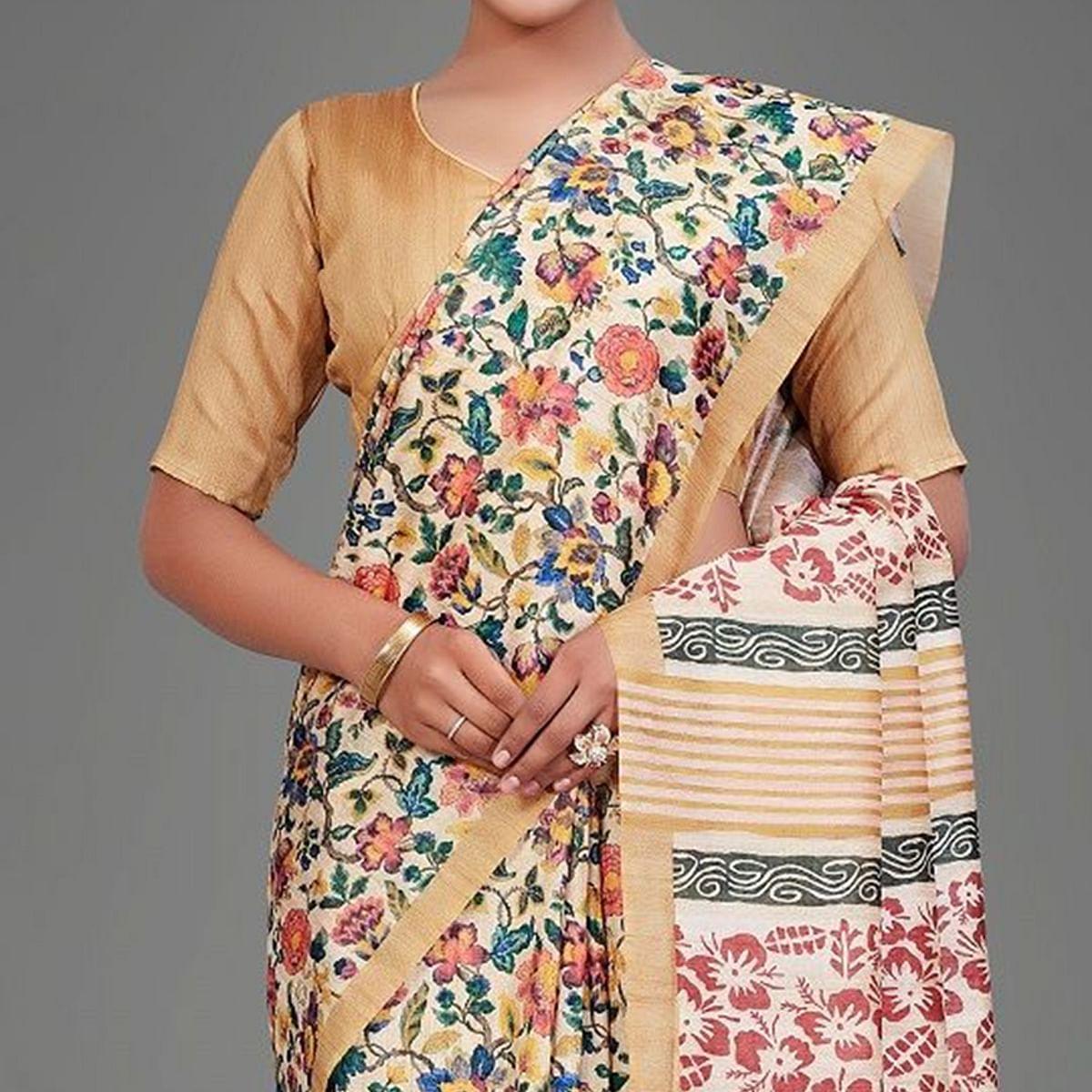 Sareemall Beige Casual Art Silk Printed Saree With Unstitched Blouse - Peachmode