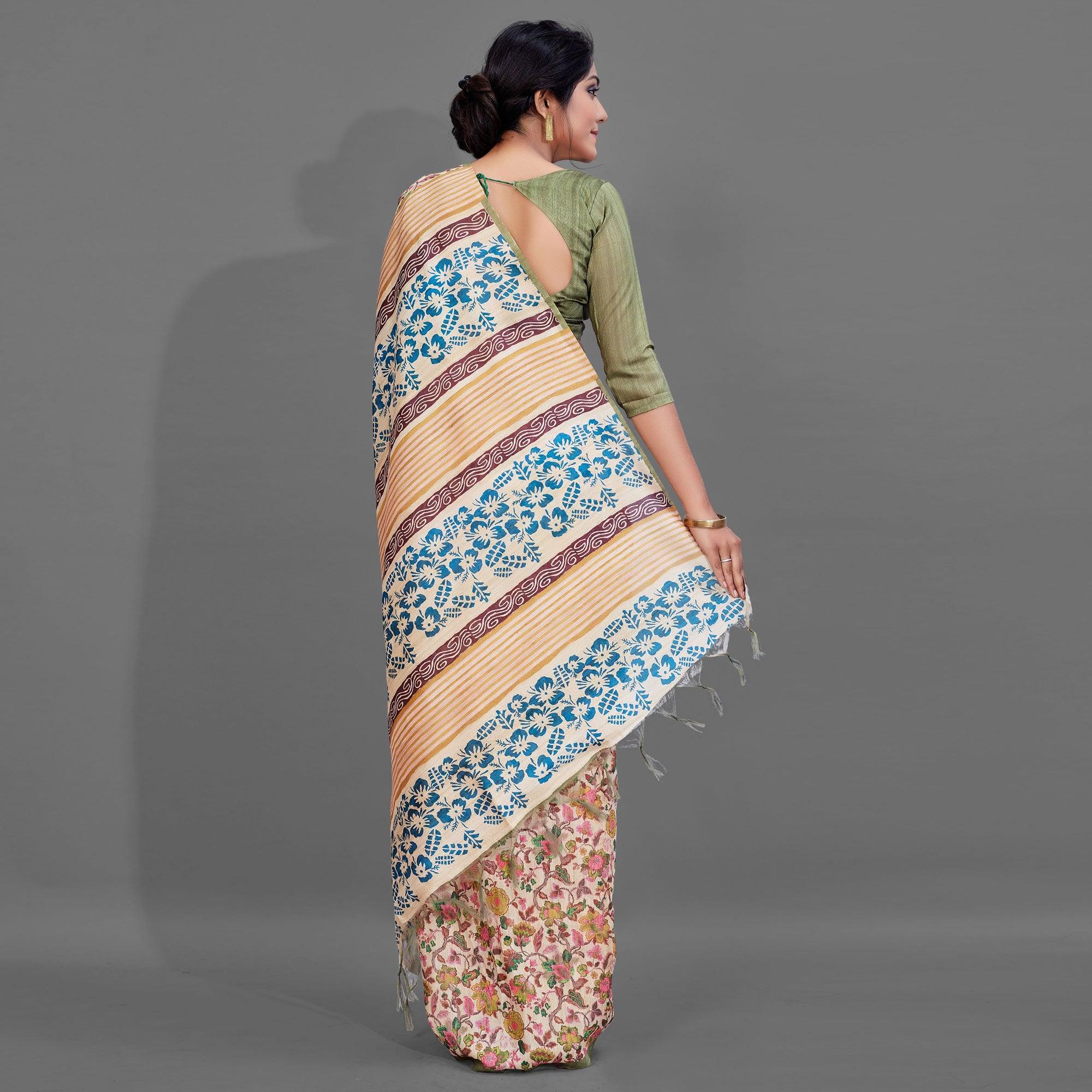 Sareemall Beige Casual Art Silk Printed Saree With Unstitched Blouse - Peachmode