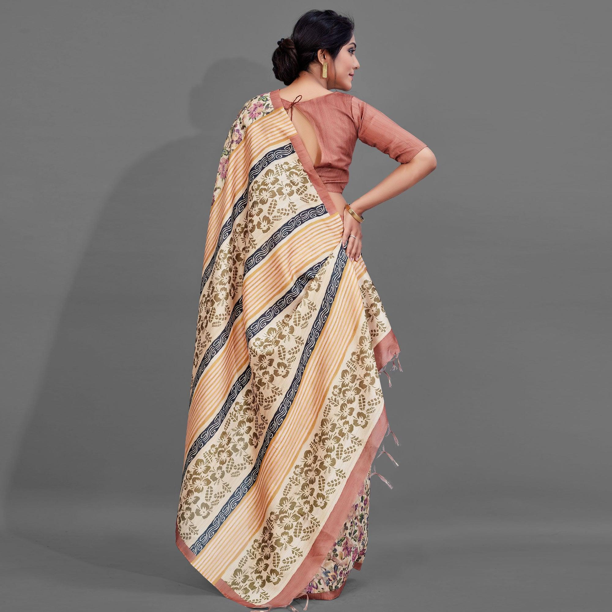 Sareemall Beige Casual Art Silk Printed Saree With Unstitched Blouse - Peachmode