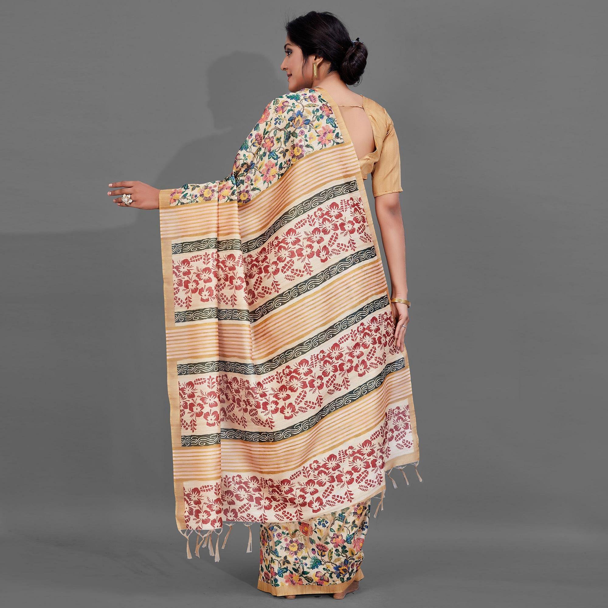 Sareemall Beige Casual Art Silk Printed Saree With Unstitched Blouse - Peachmode