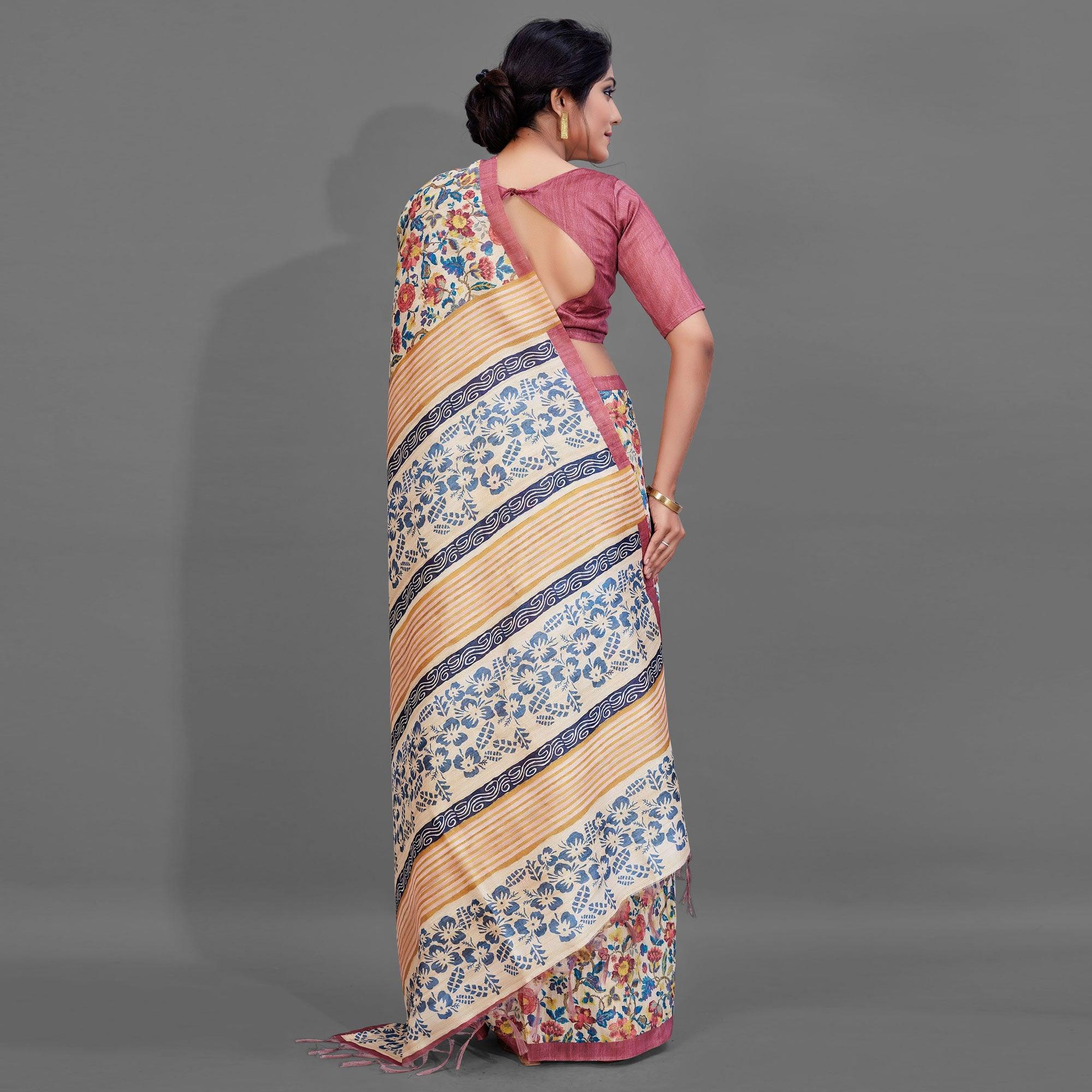 Sareemall Beige Casual Art Silk Printed Saree With Unstitched Blouse - Peachmode