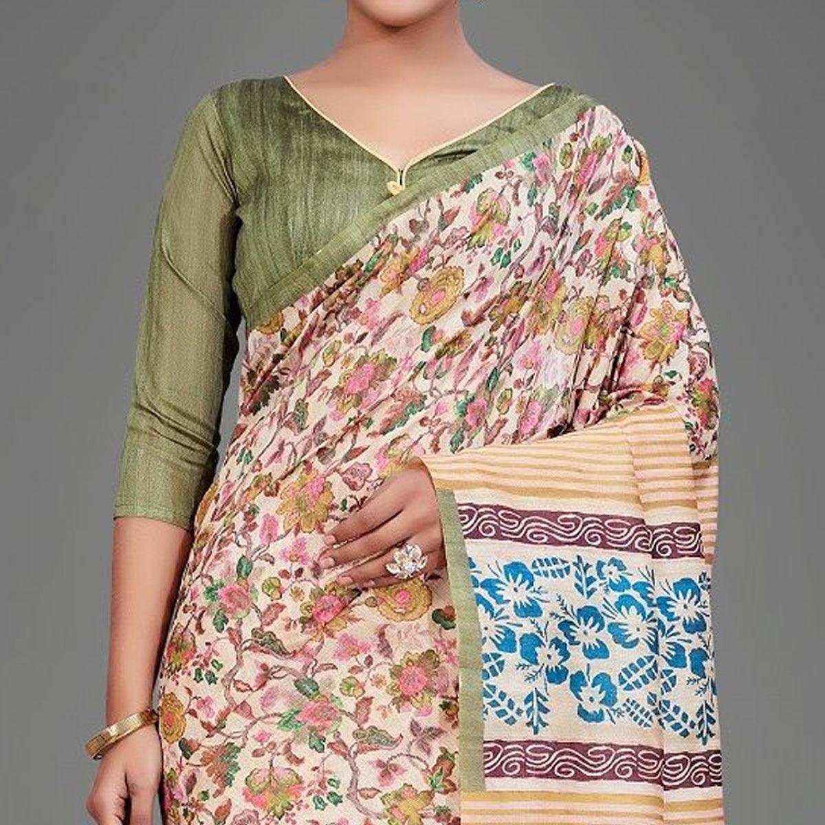 Sareemall Beige Casual Art Silk Printed Saree With Unstitched Blouse - Peachmode