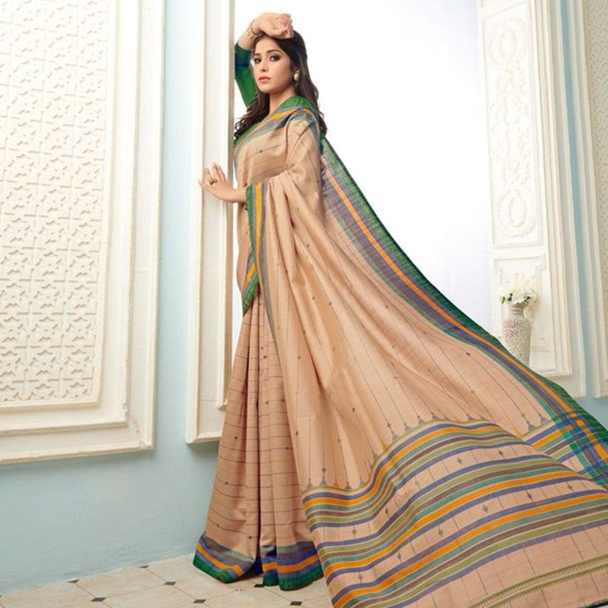 Sareemall Beige Casual Bhagalpuri Printed Saree With Unstitched Blouse - Peachmode