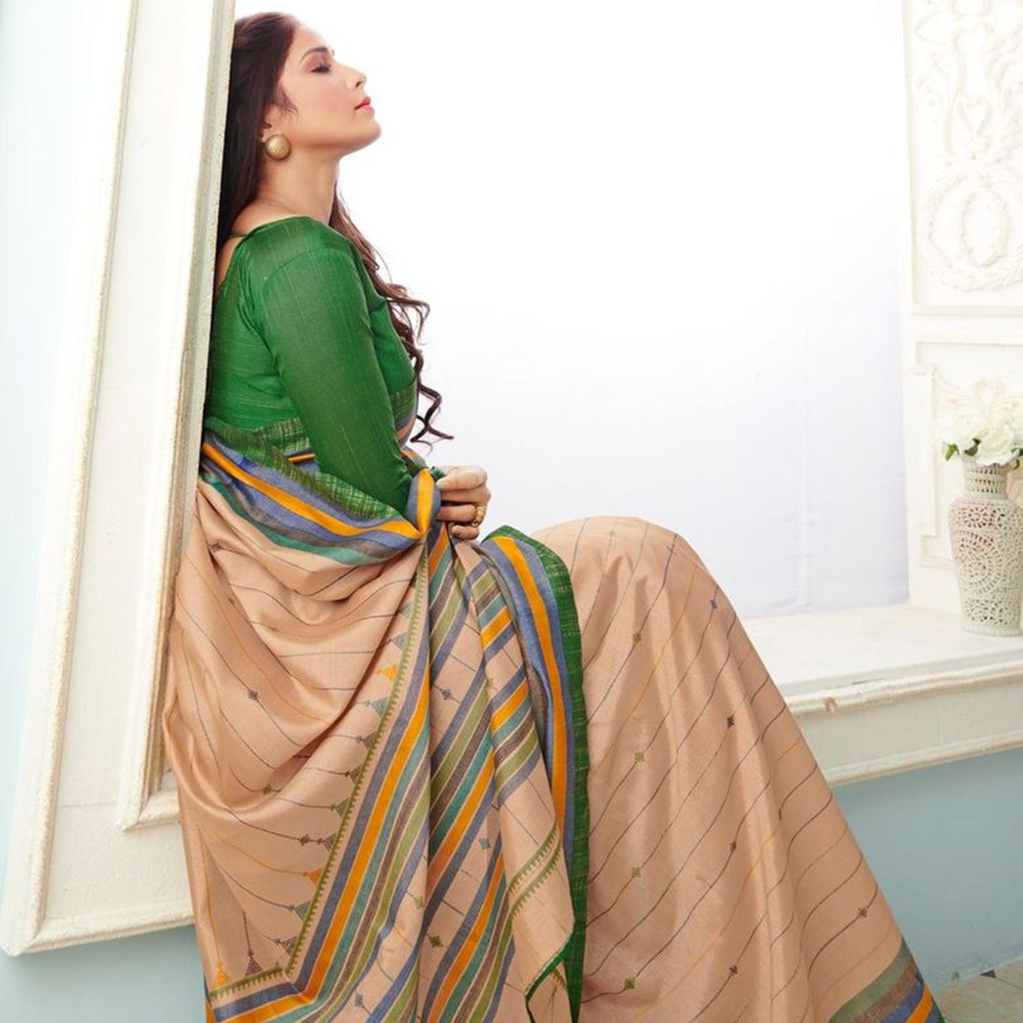 Sareemall Beige Casual Bhagalpuri Printed Saree With Unstitched Blouse - Peachmode