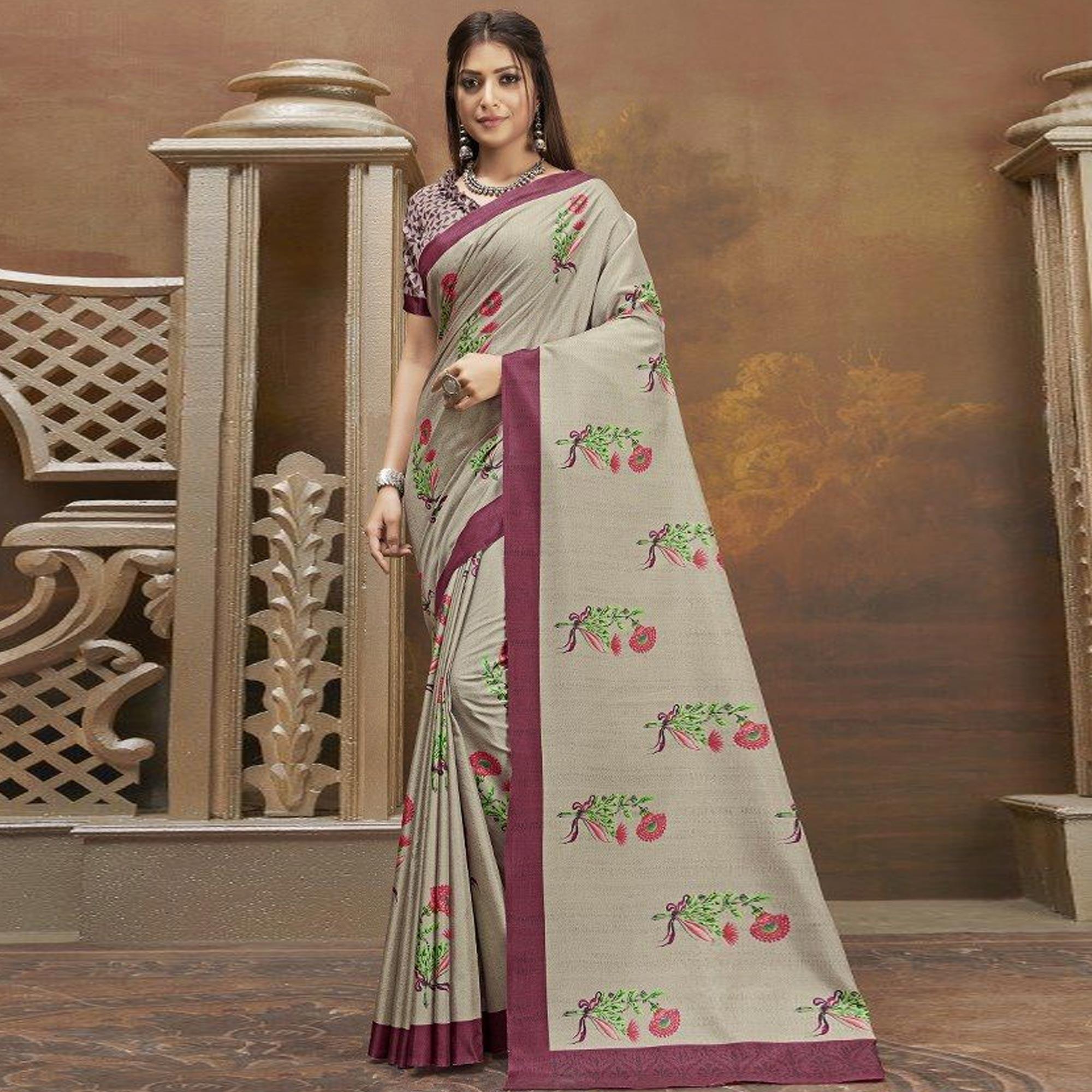 Sareemall Beige Casual Satin Printed Saree With Unstitched Blouse - Peachmode