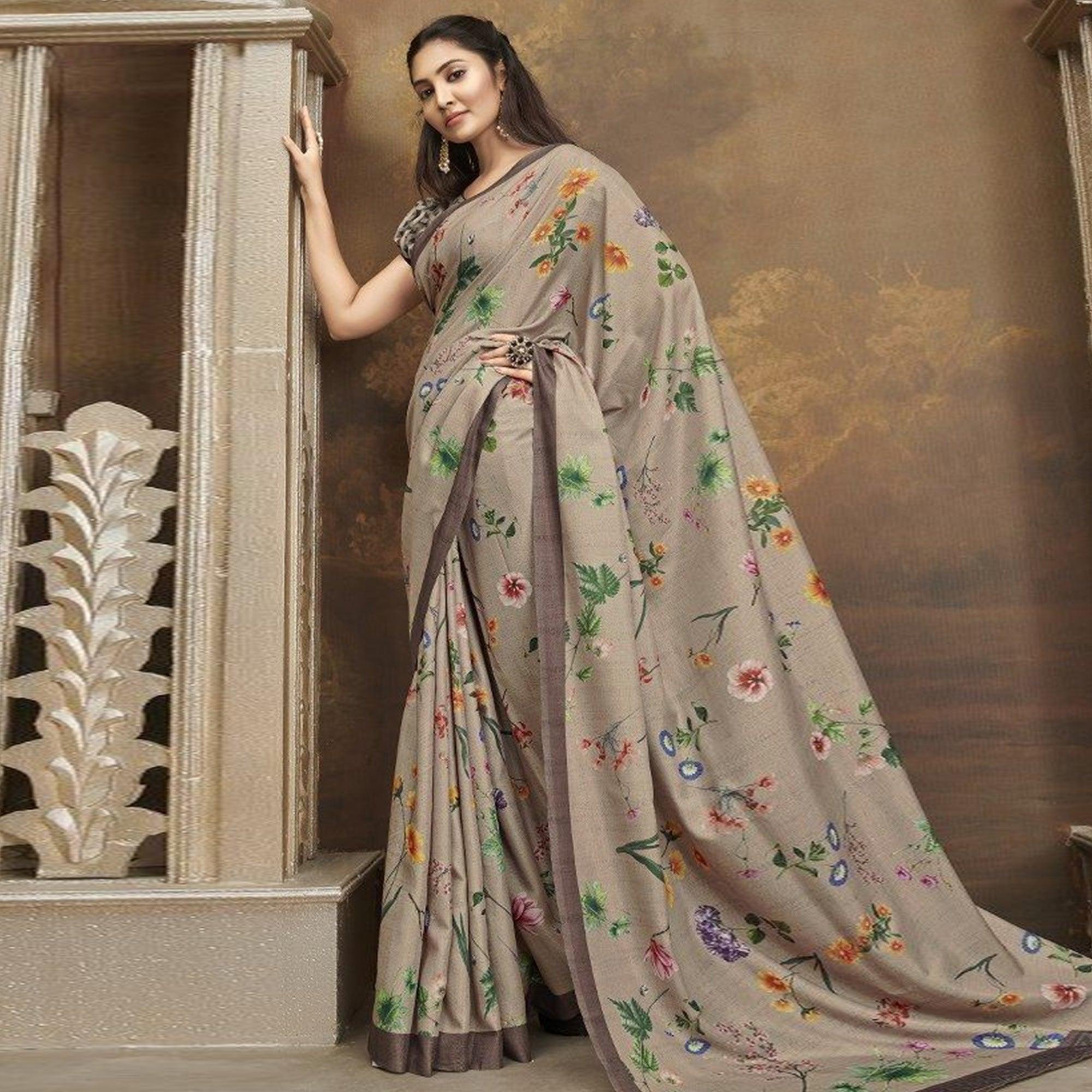 Sareemall Beige Casual Satin Printed Saree With Unstitched Blouse - Peachmode