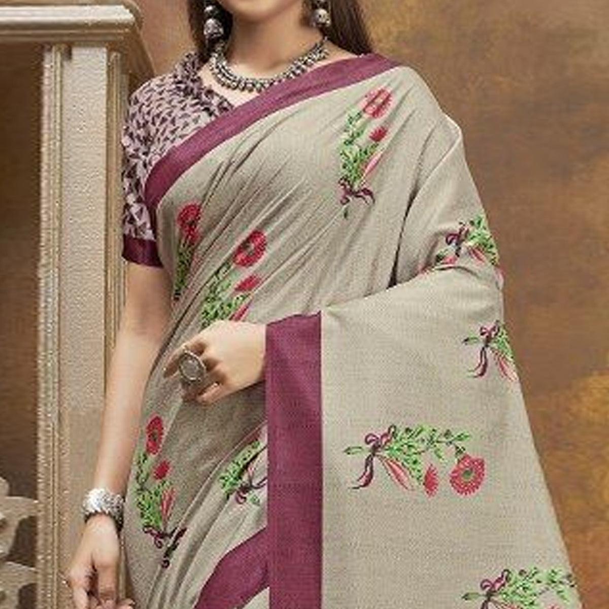 Sareemall Beige Casual Satin Printed Saree With Unstitched Blouse - Peachmode