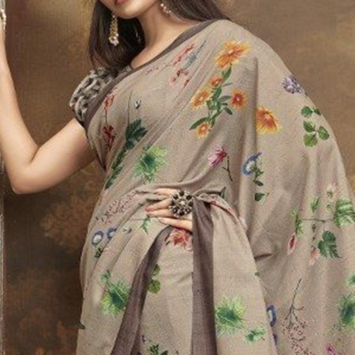 Sareemall Beige Casual Satin Printed Saree With Unstitched Blouse - Peachmode