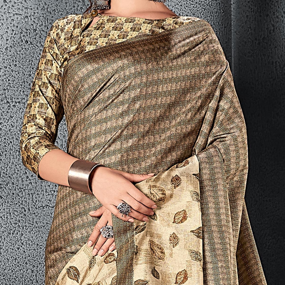 Sareemall Beige Festive Manipuri Silk Floral Saree With Unstitched Blouse - Peachmode