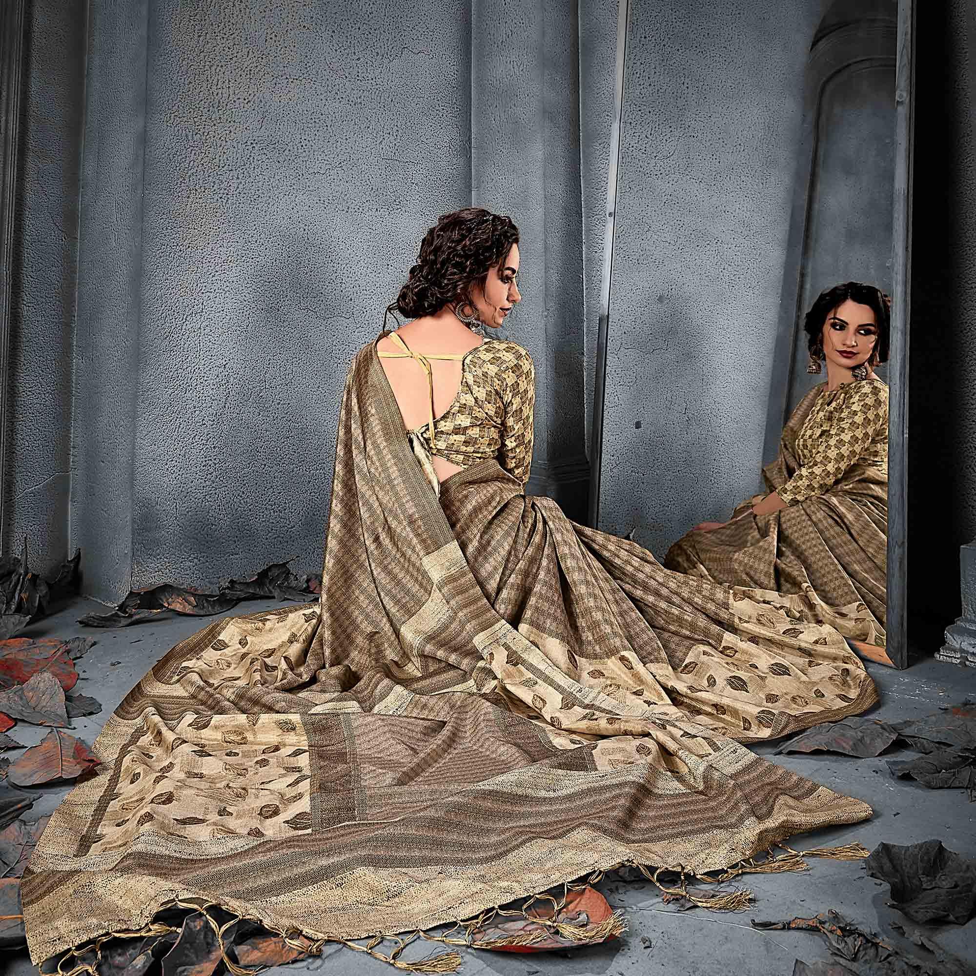 Sareemall Beige Festive Manipuri Silk Floral Saree With Unstitched Blouse - Peachmode