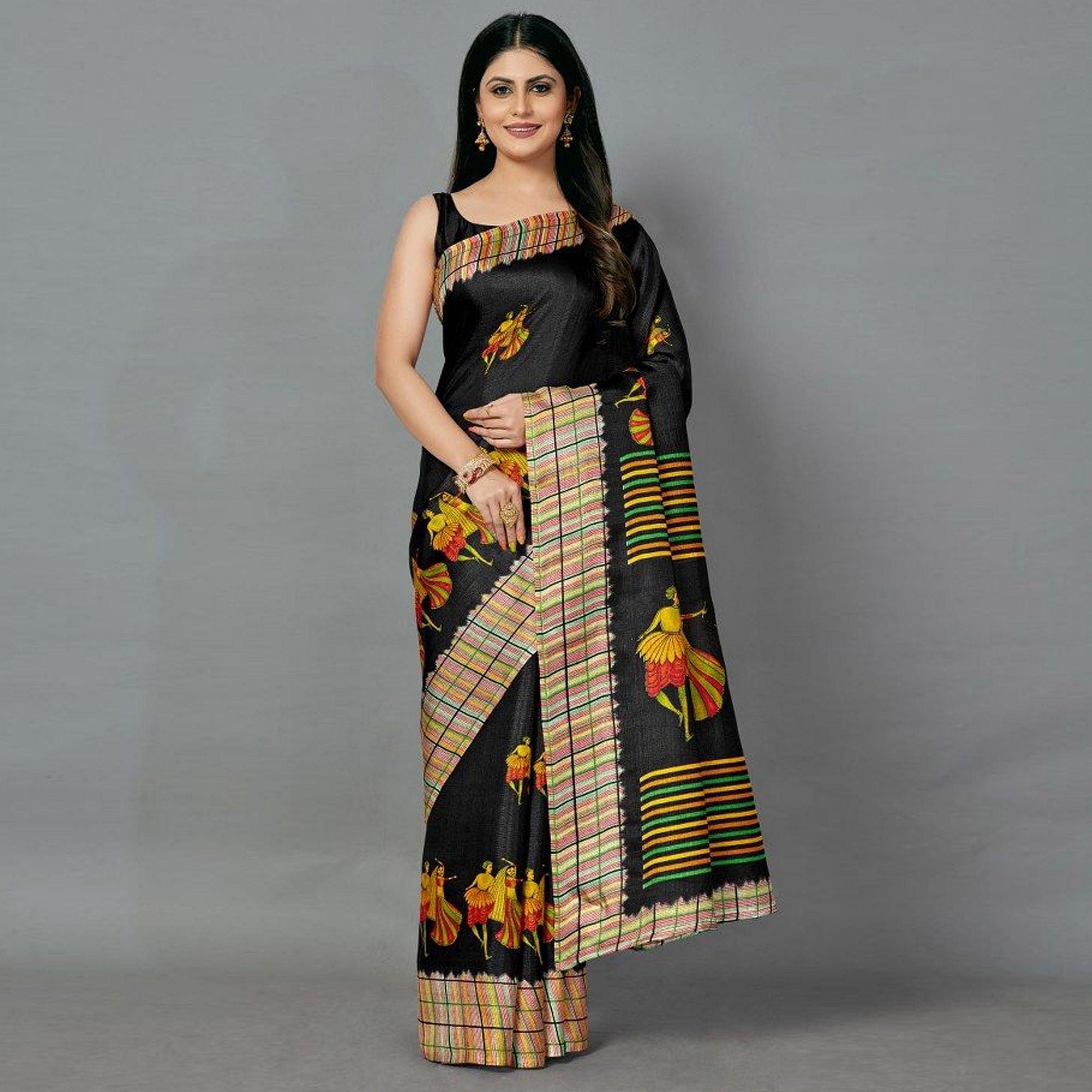 Sareemall Black Casual Art Silk Printed Saree With Unstitched Blouse - Peachmode