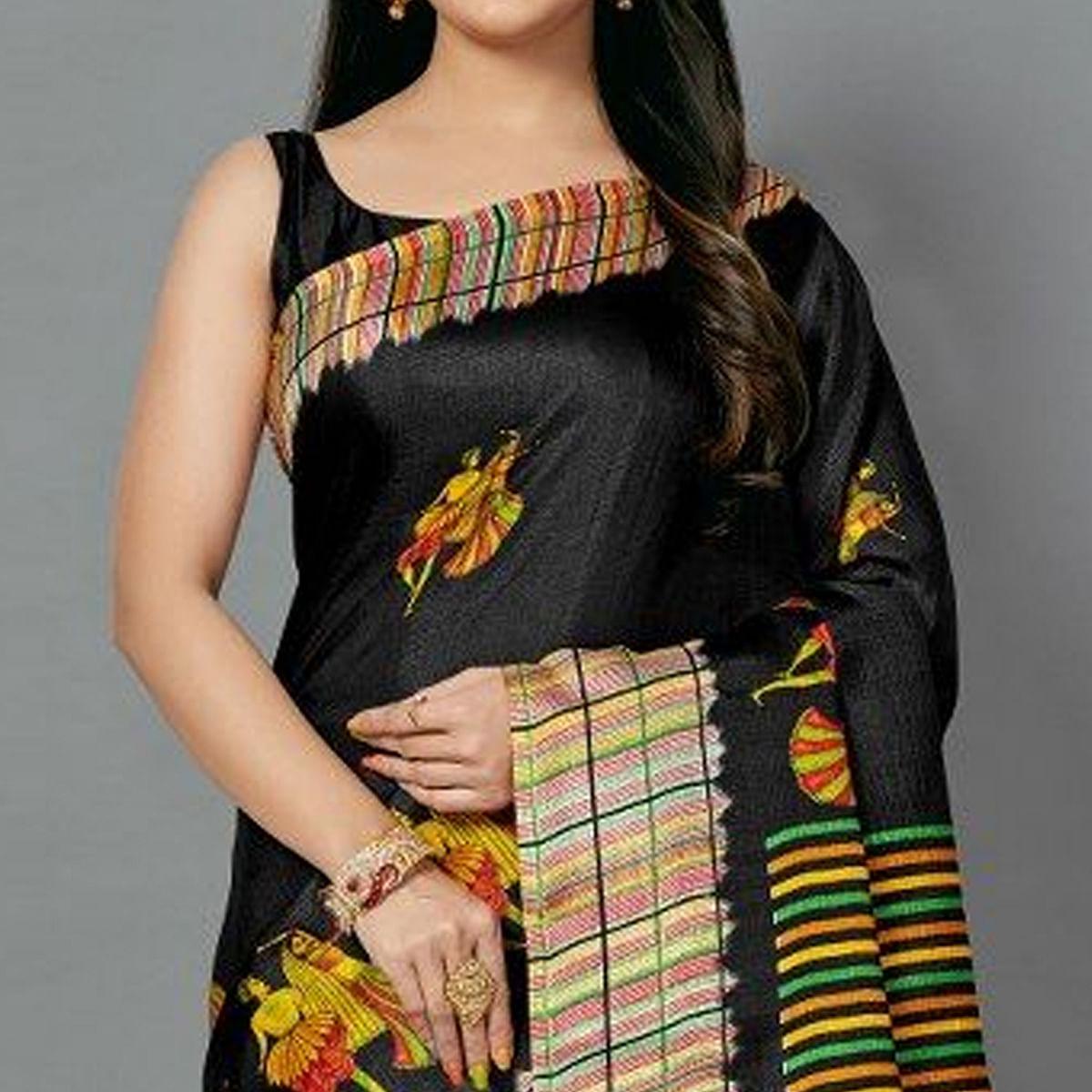 Sareemall Black Casual Art Silk Printed Saree With Unstitched Blouse - Peachmode