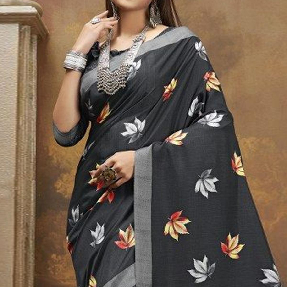 Sareemall Black Casual Satin Printed Saree With Unstitched Blouse - Peachmode