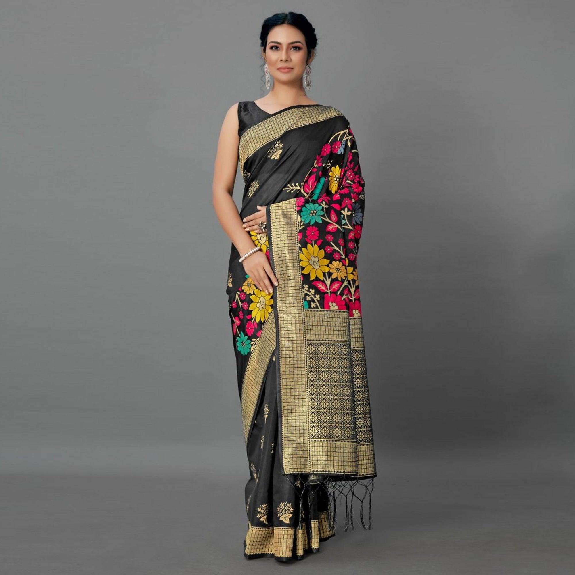 Sareemall Black Casual Silk Blend Printed Saree With Unstitched Blouse - Peachmode