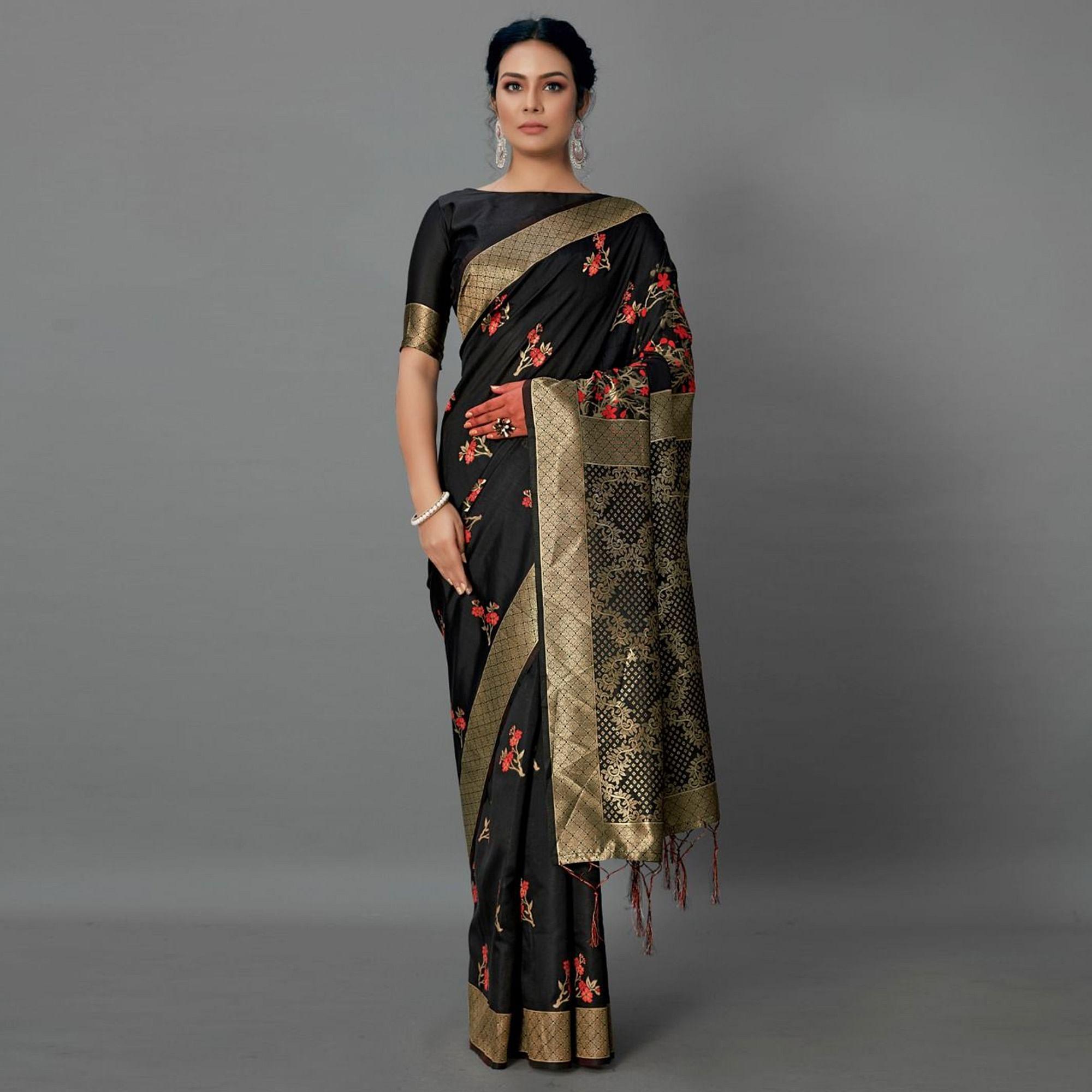 Sareemall Black Casual Silk Blend Printed Saree With Unstitched Blouse - Peachmode