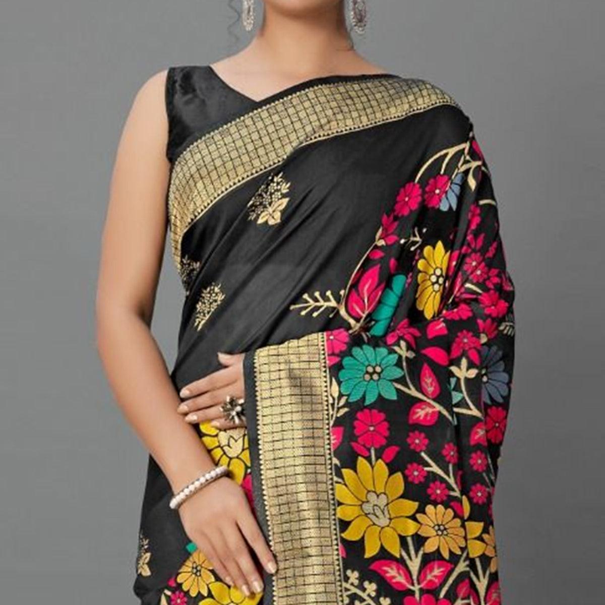 Sareemall Black Casual Silk Blend Printed Saree With Unstitched Blouse - Peachmode