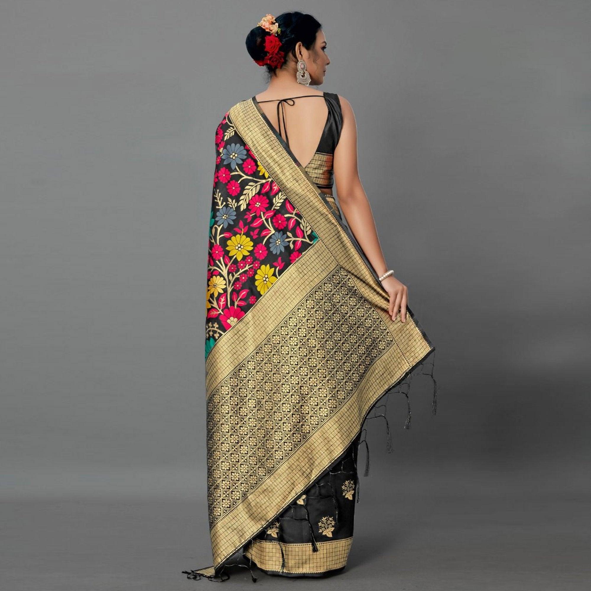 Sareemall Black Casual Silk Blend Printed Saree With Unstitched Blouse - Peachmode