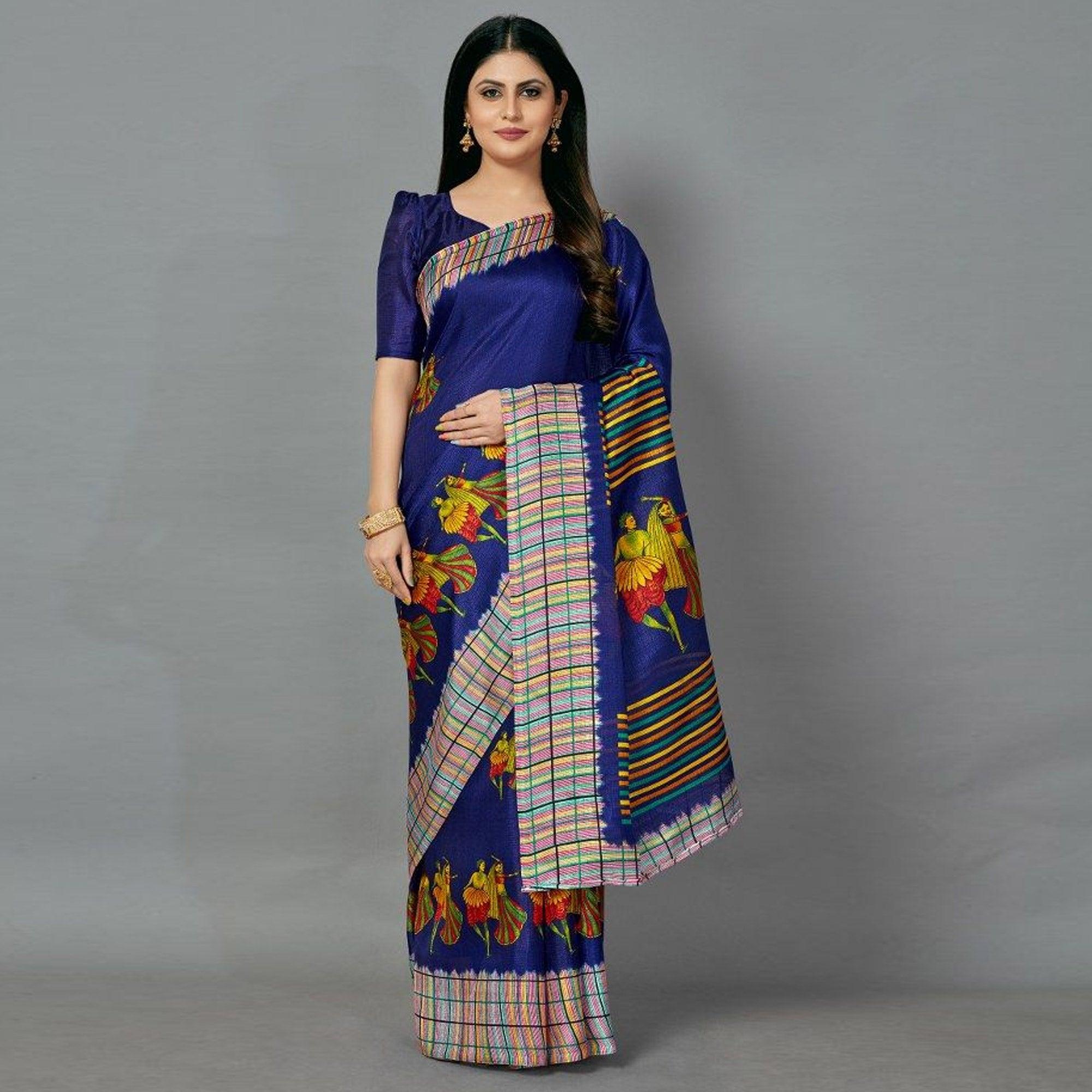 Sareemall Blue Casual Art Silk Printed Saree With Unstitched Blouse - Peachmode