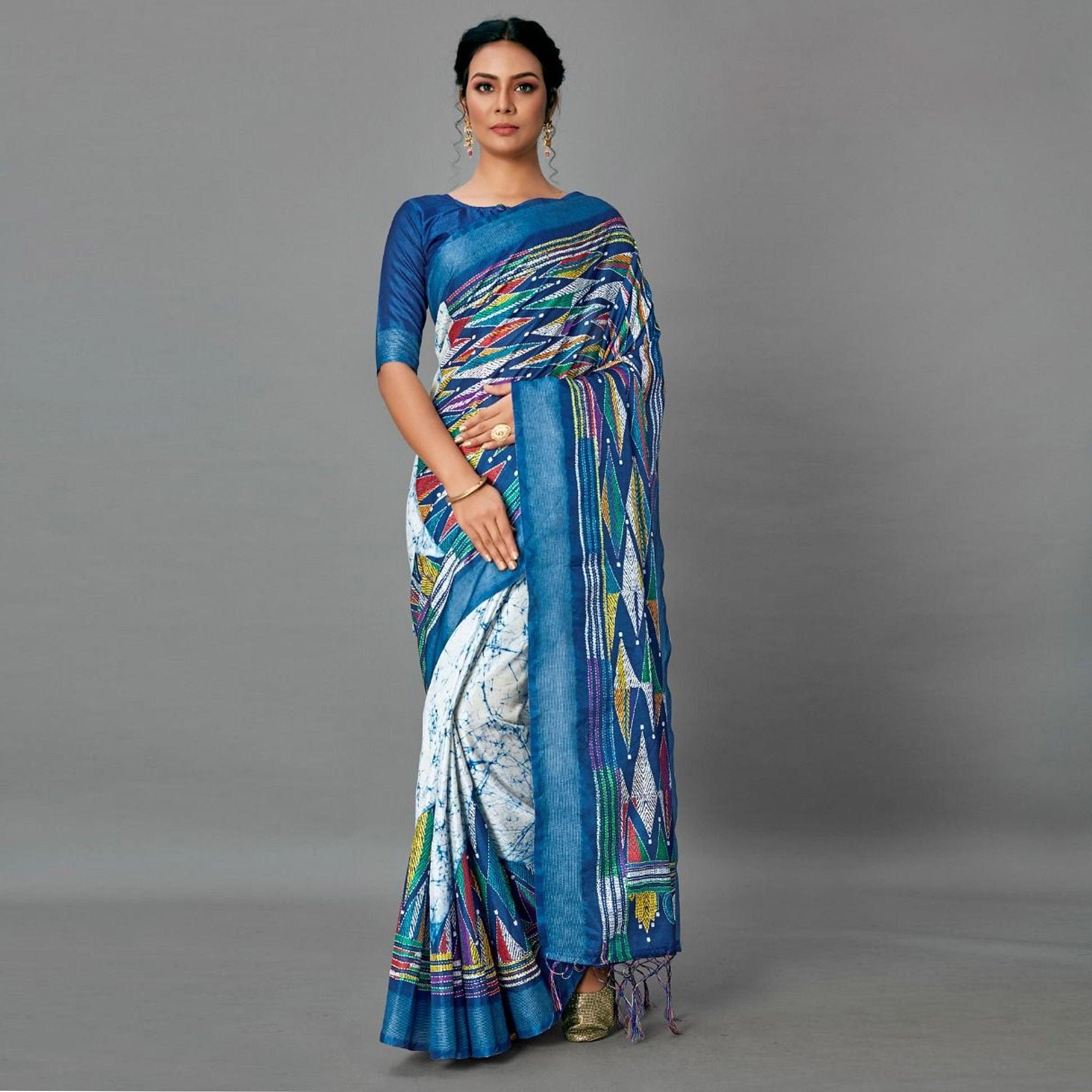 Sareemall Blue Casual Art Silk Printed Saree With Unstitched Blouse - Peachmode
