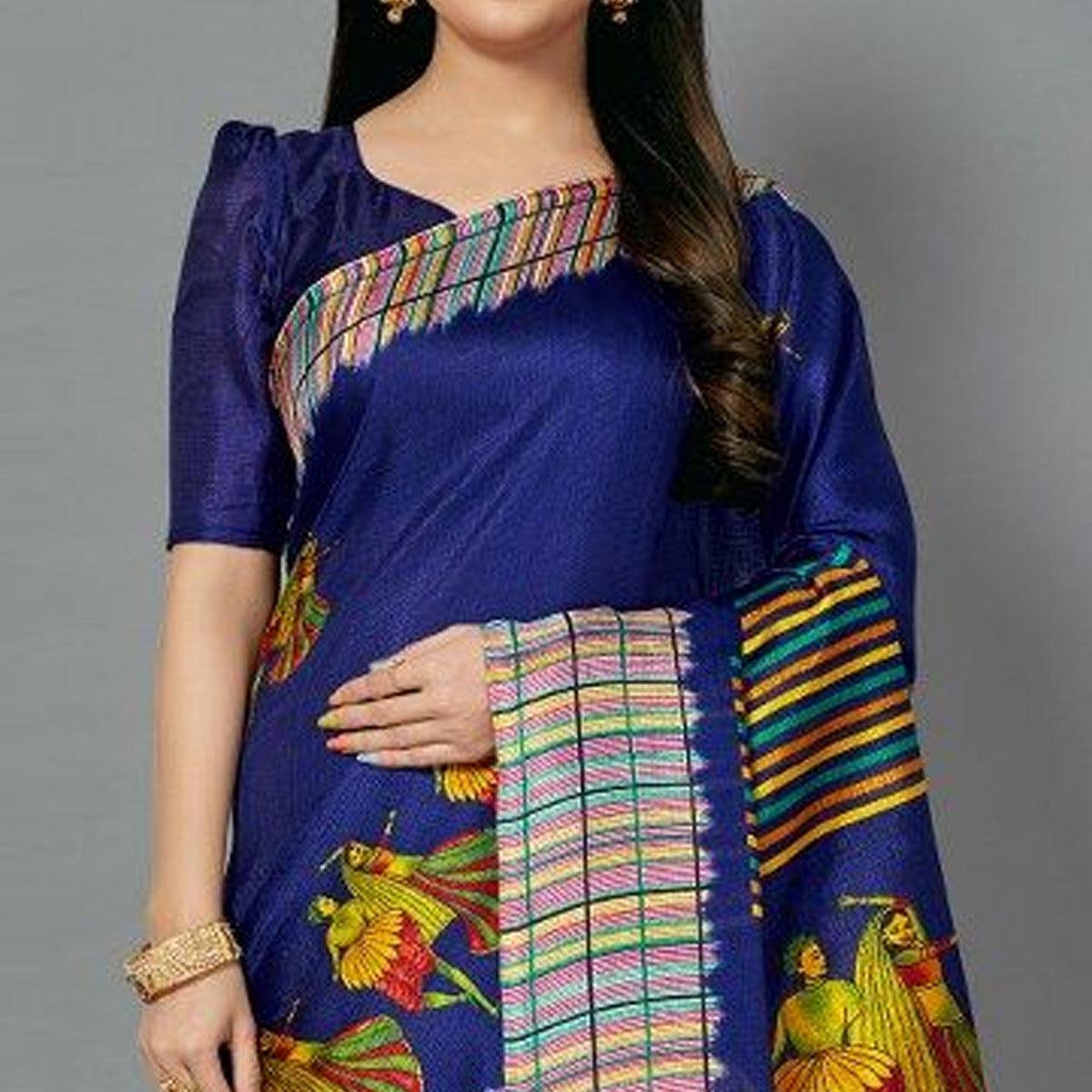 Sareemall Blue Casual Art Silk Printed Saree With Unstitched Blouse - Peachmode