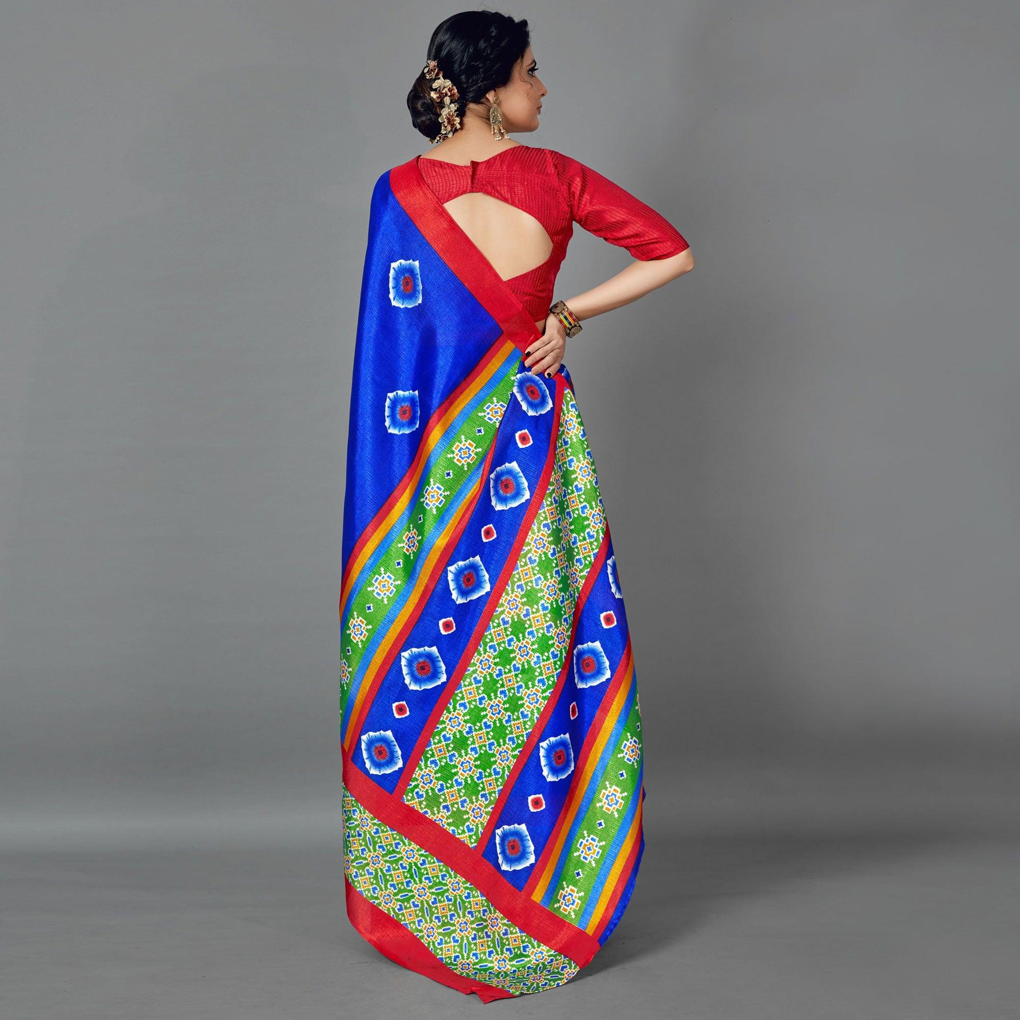 Sareemall Blue Casual Art Silk Printed Saree With Unstitched Blouse - Peachmode