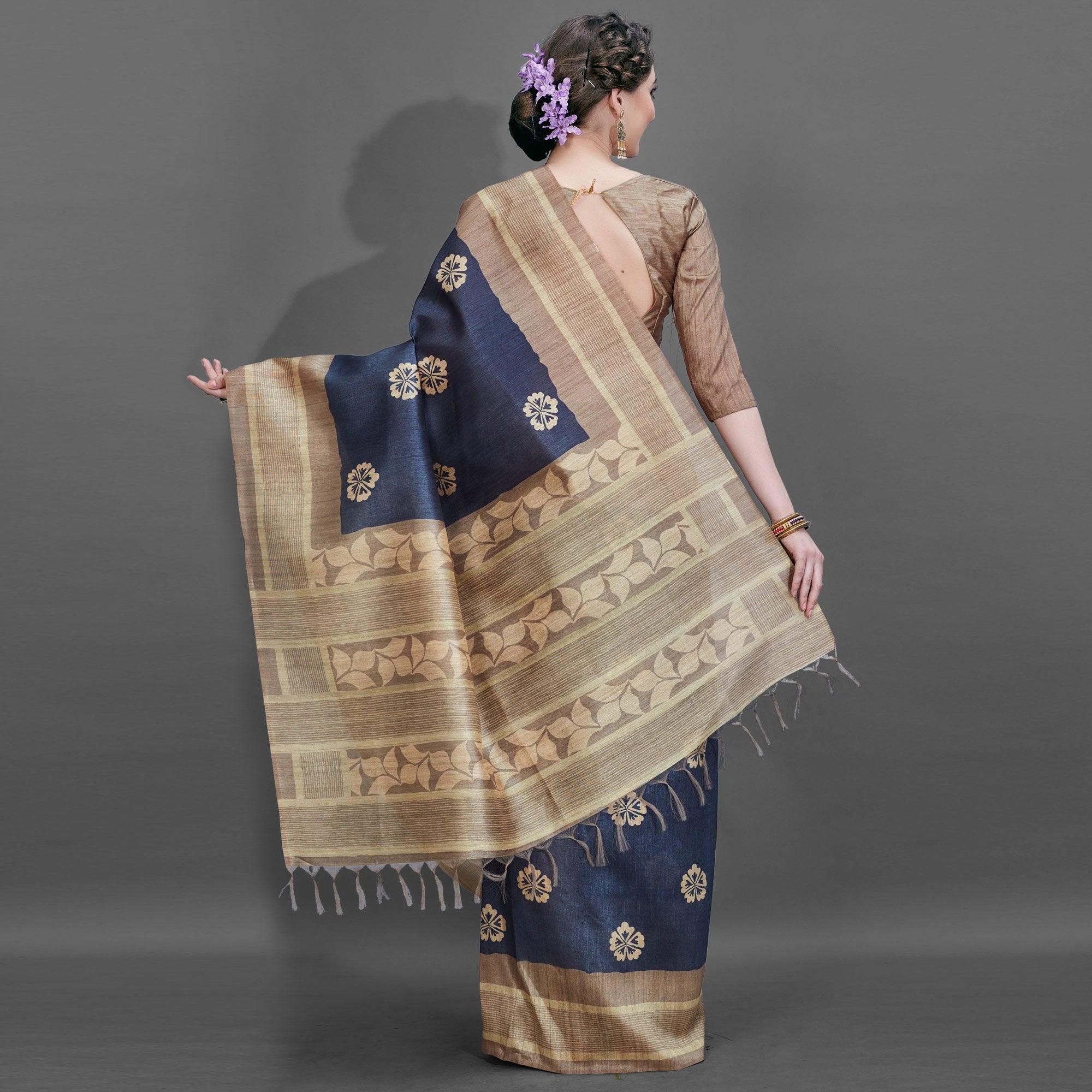 Sareemall Blue Casual Art Silk Printed Saree With Unstitched Blouse - Peachmode