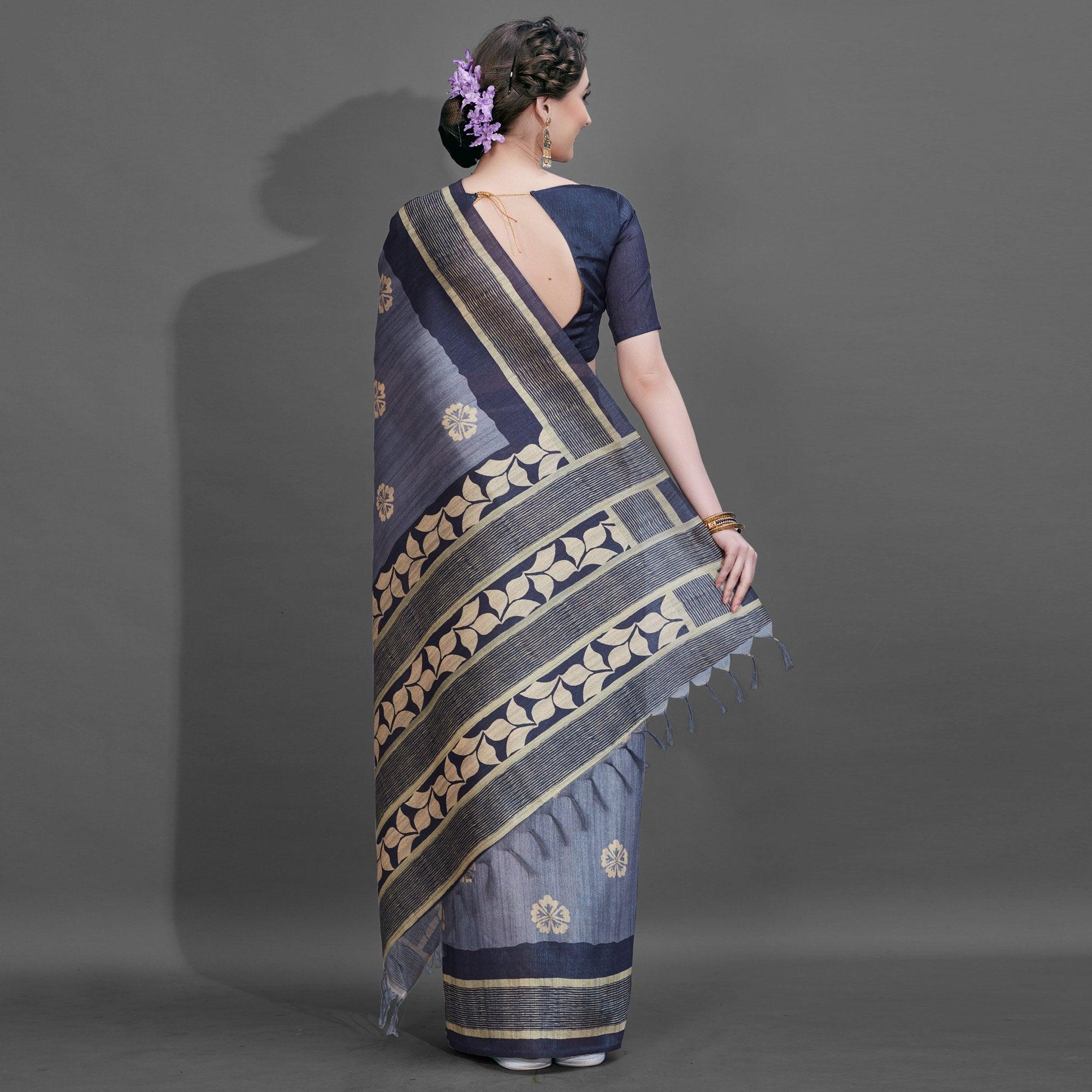 Sareemall  Blue Casual Art Silk Printed Saree With Unstitched Blouse - Peachmode