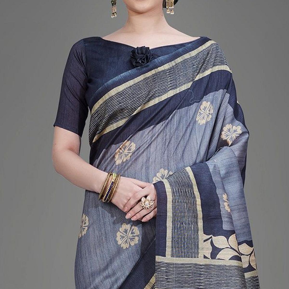 Sareemall  Blue Casual Art Silk Printed Saree With Unstitched Blouse - Peachmode