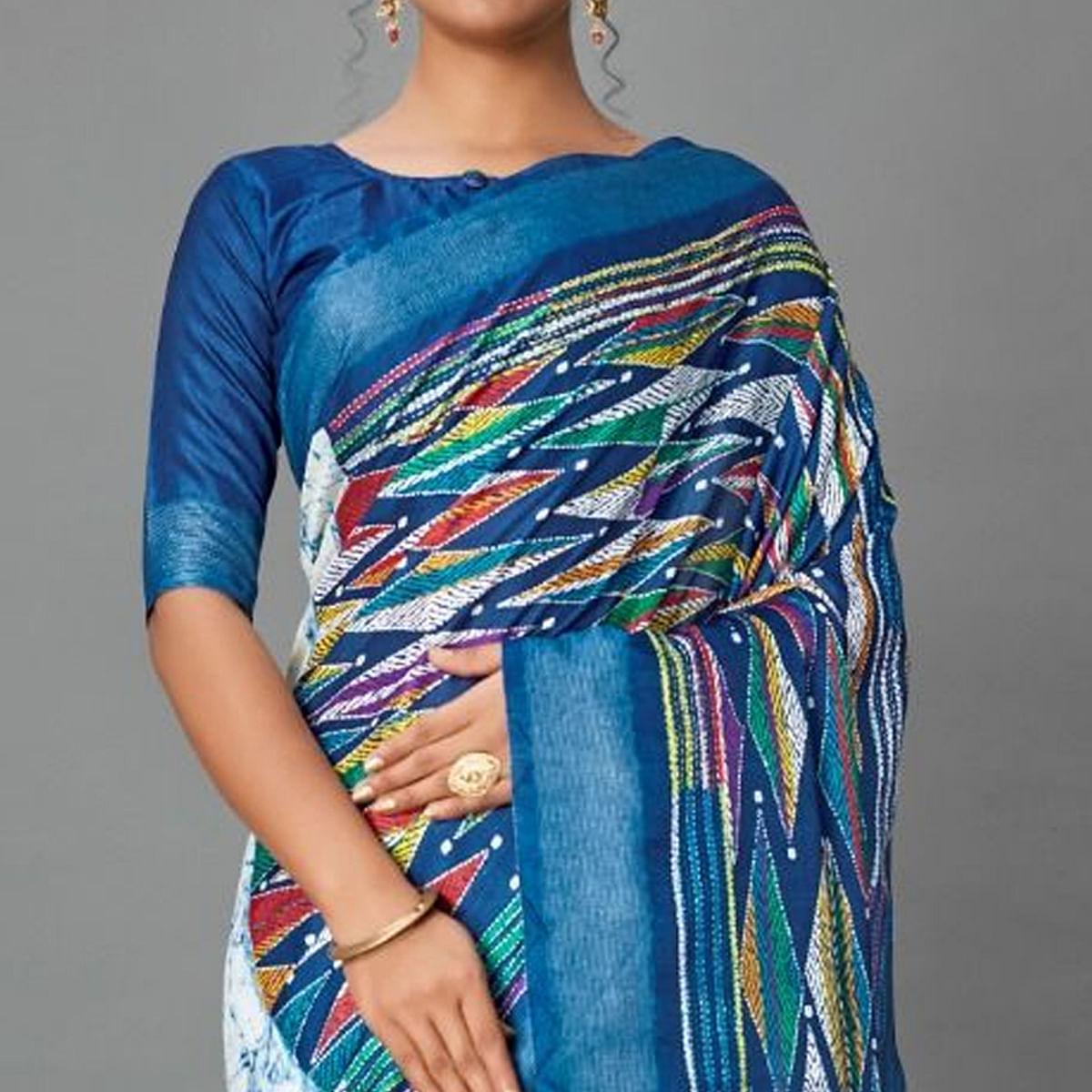 Sareemall Blue Casual Art Silk Printed Saree With Unstitched Blouse - Peachmode