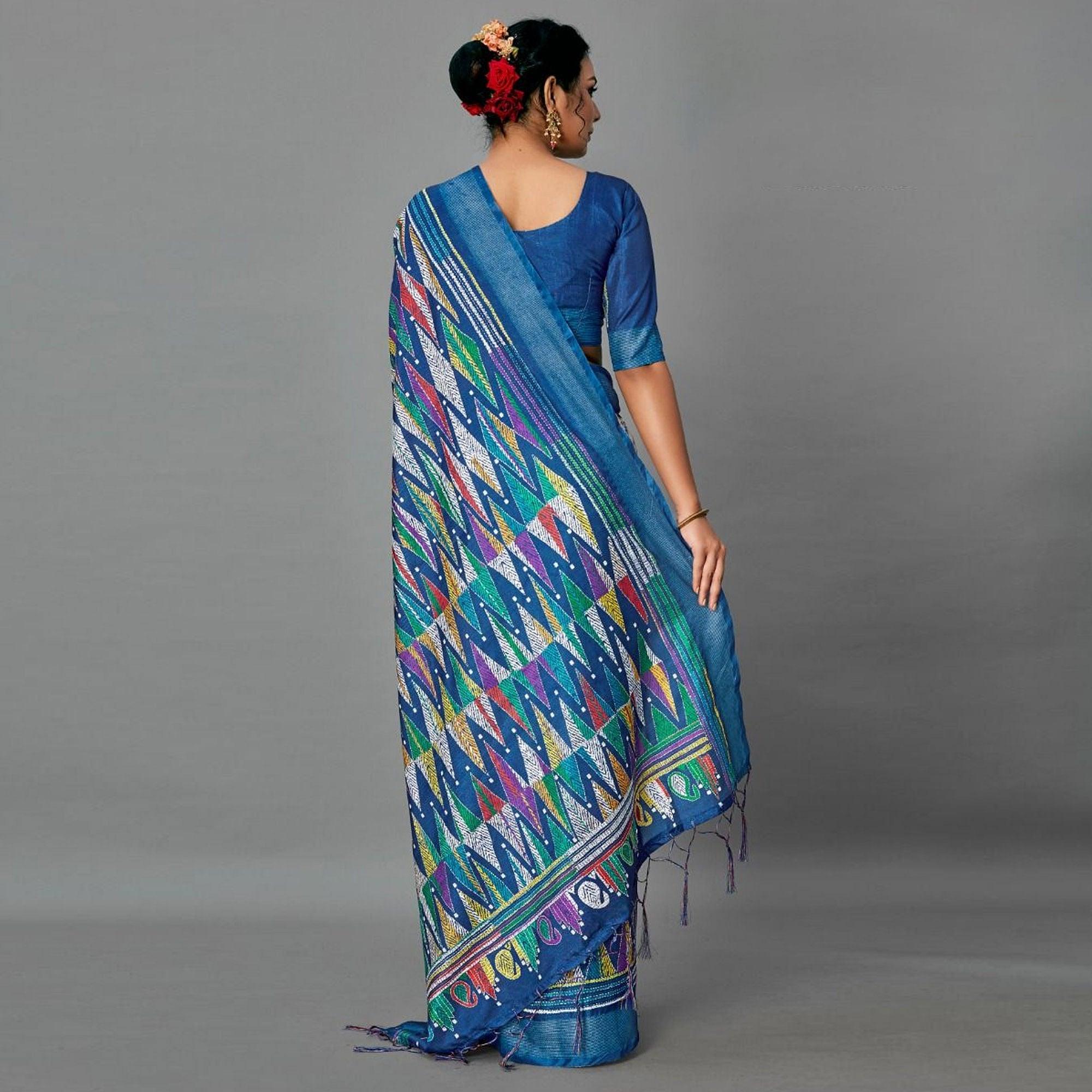 Sareemall Blue Casual Art Silk Printed Saree With Unstitched Blouse - Peachmode