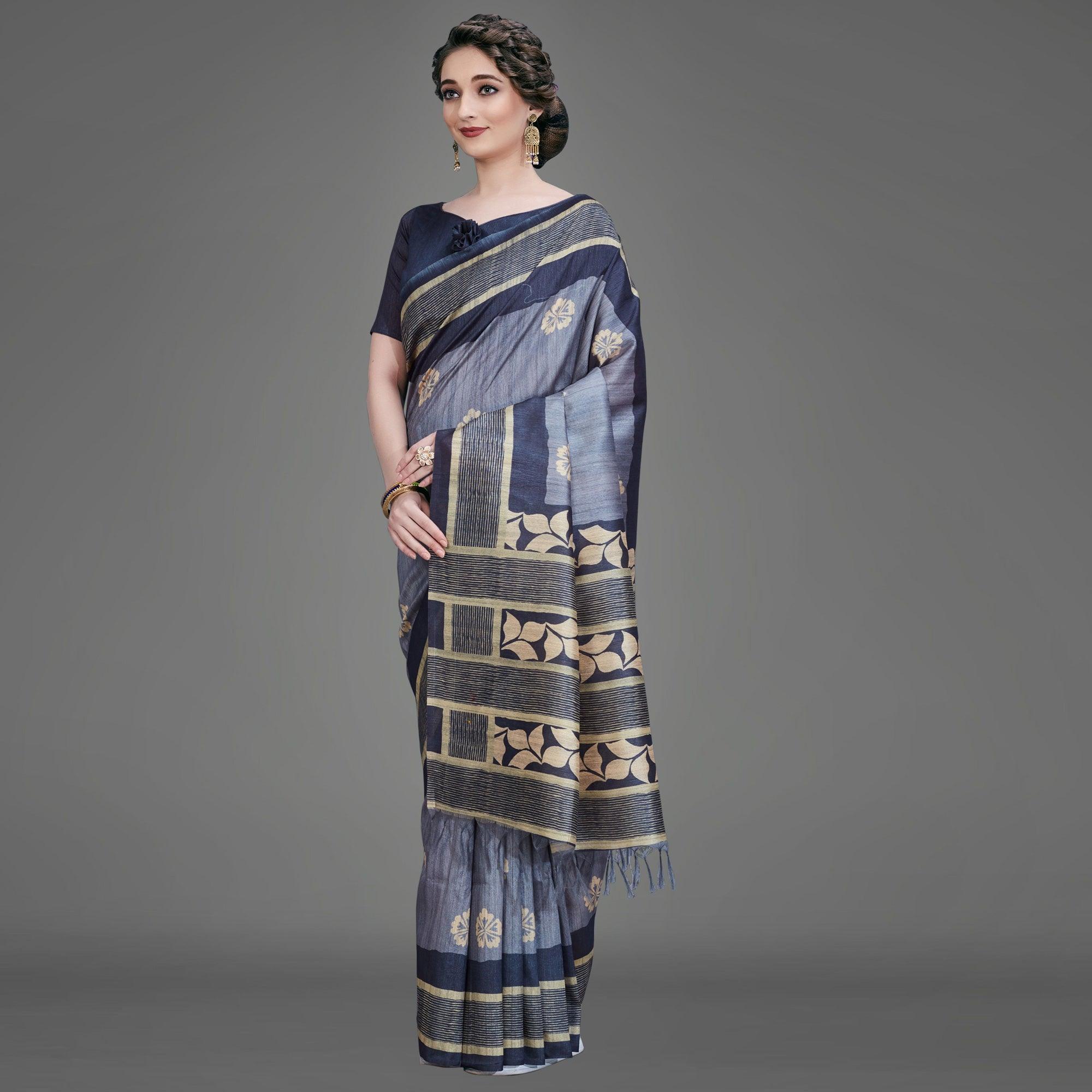 Sareemall  Blue Casual Art Silk Printed Saree With Unstitched Blouse - Peachmode