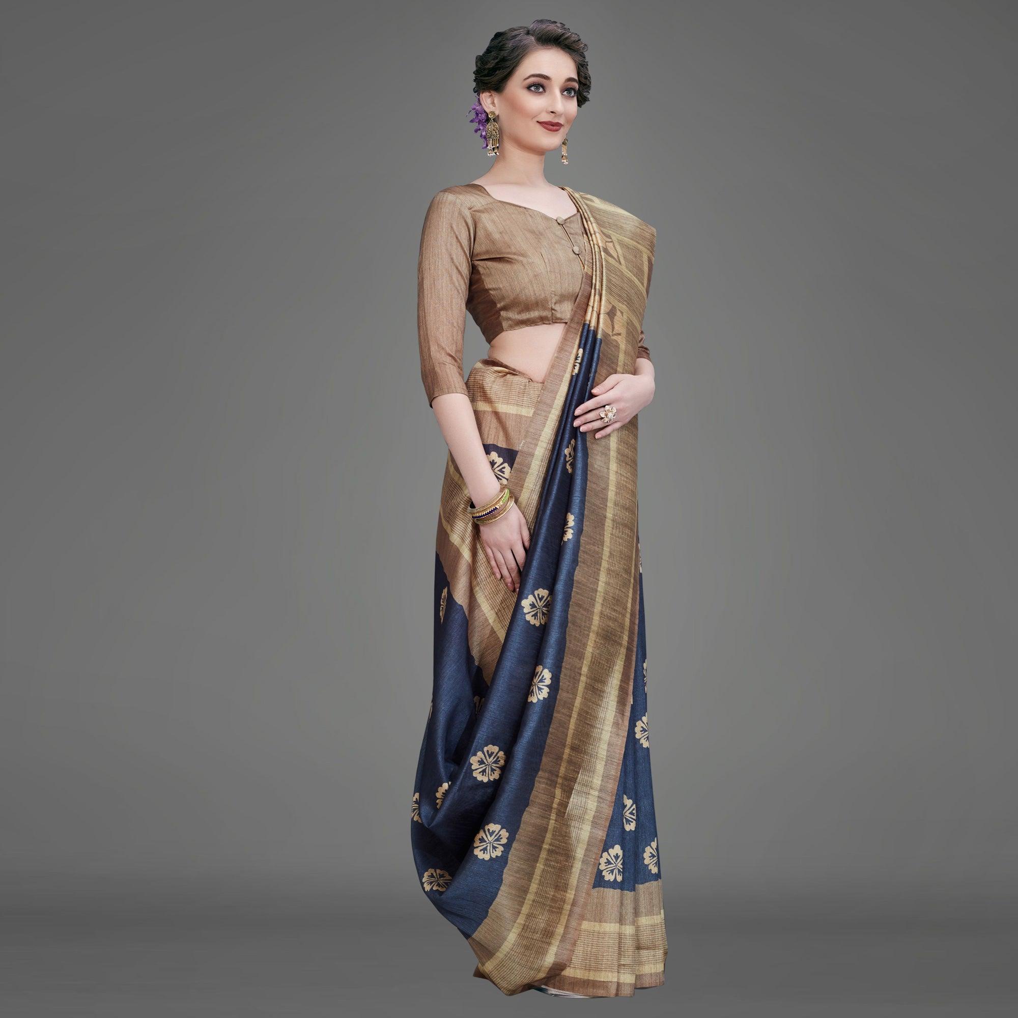 Sareemall Blue Casual Art Silk Printed Saree With Unstitched Blouse - Peachmode