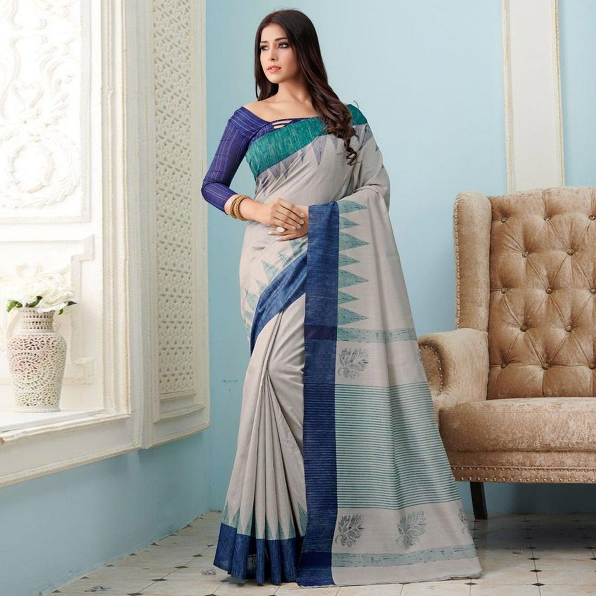 Sareemall Blue Casual Bhagalpuri Printed Saree With Unstitched Blouse - Peachmode