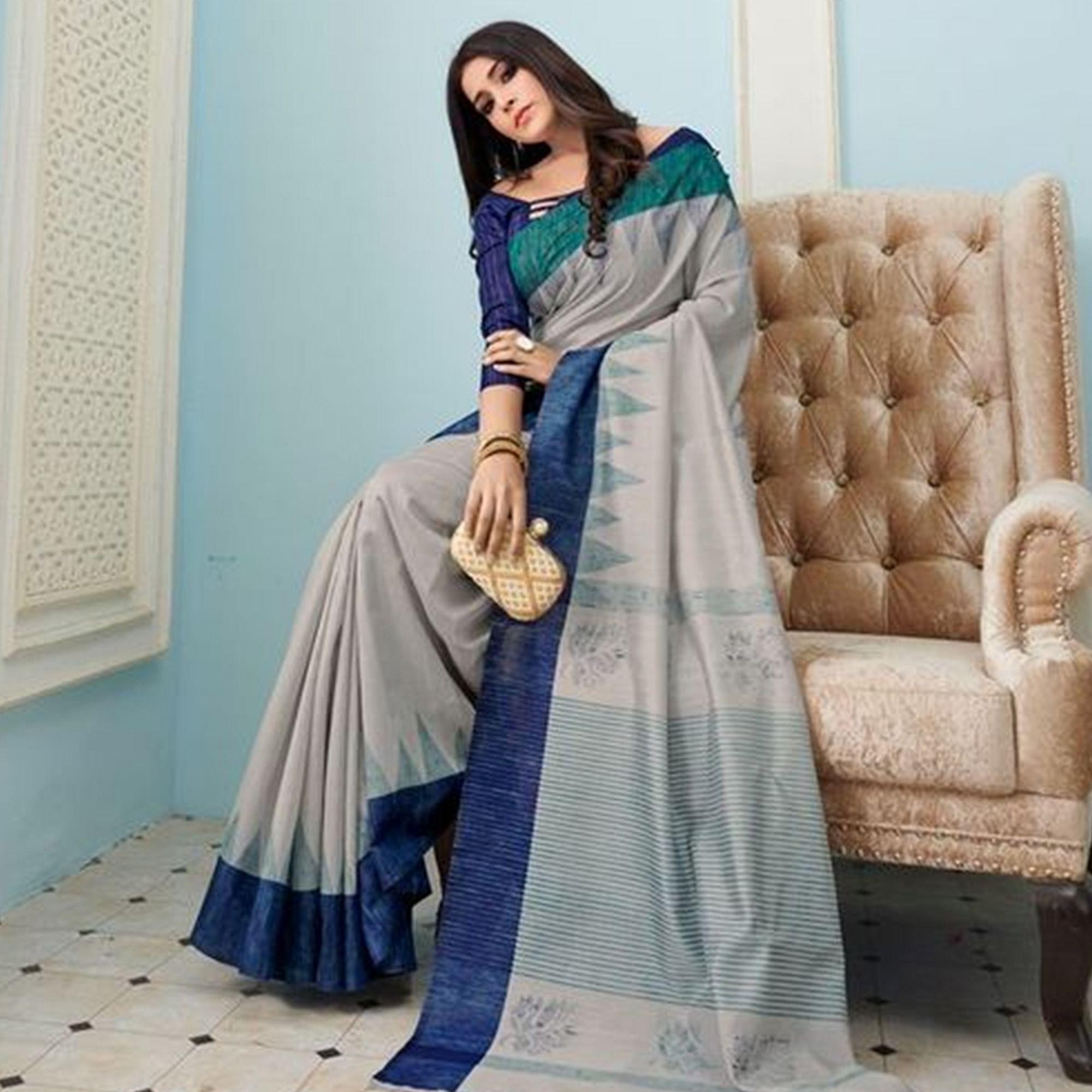 Sareemall Blue Casual Bhagalpuri Printed Saree With Unstitched Blouse - Peachmode