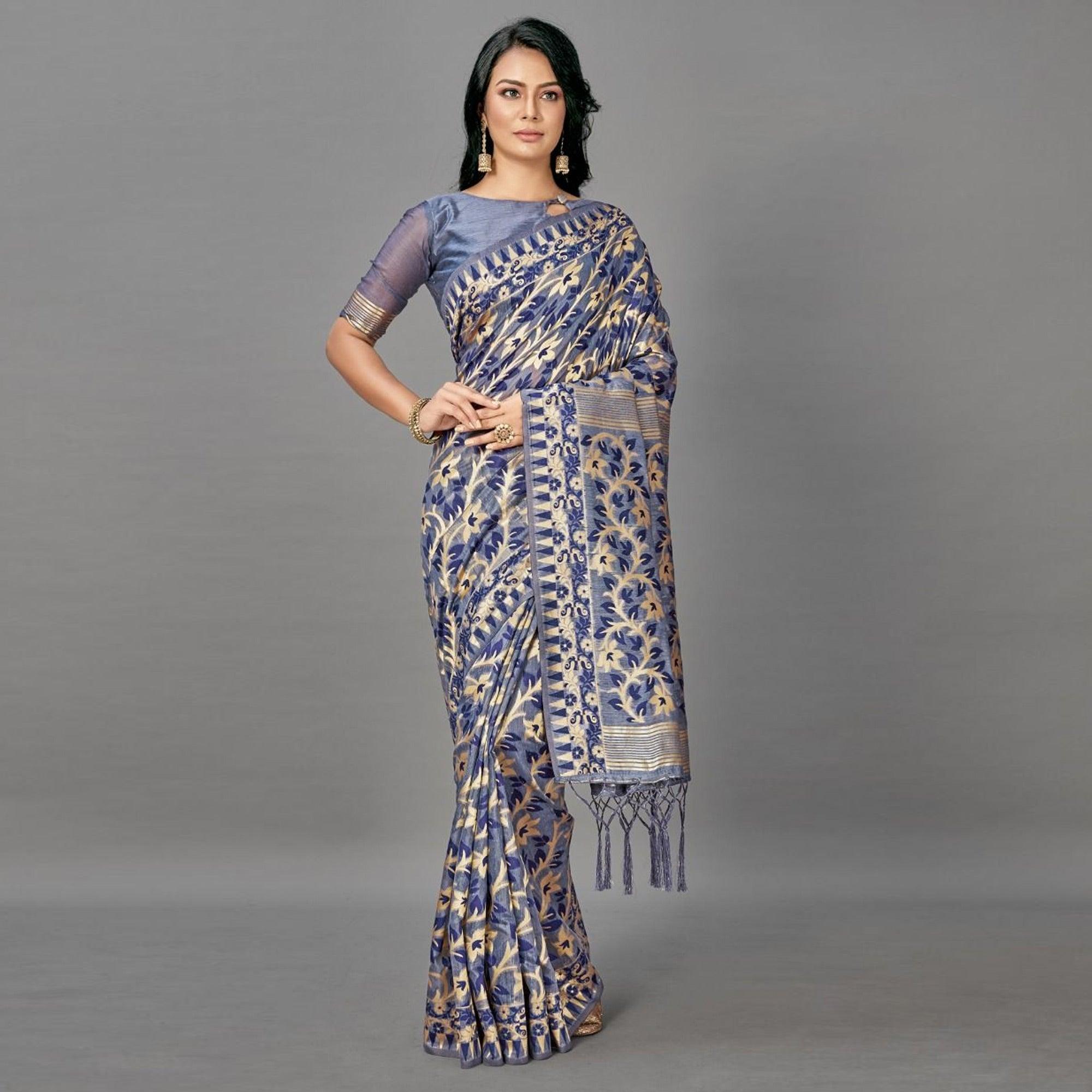 Sareemall Blue Casual Bhagalpuri Silk Woven Saree With Unstitched Blouse - Peachmode