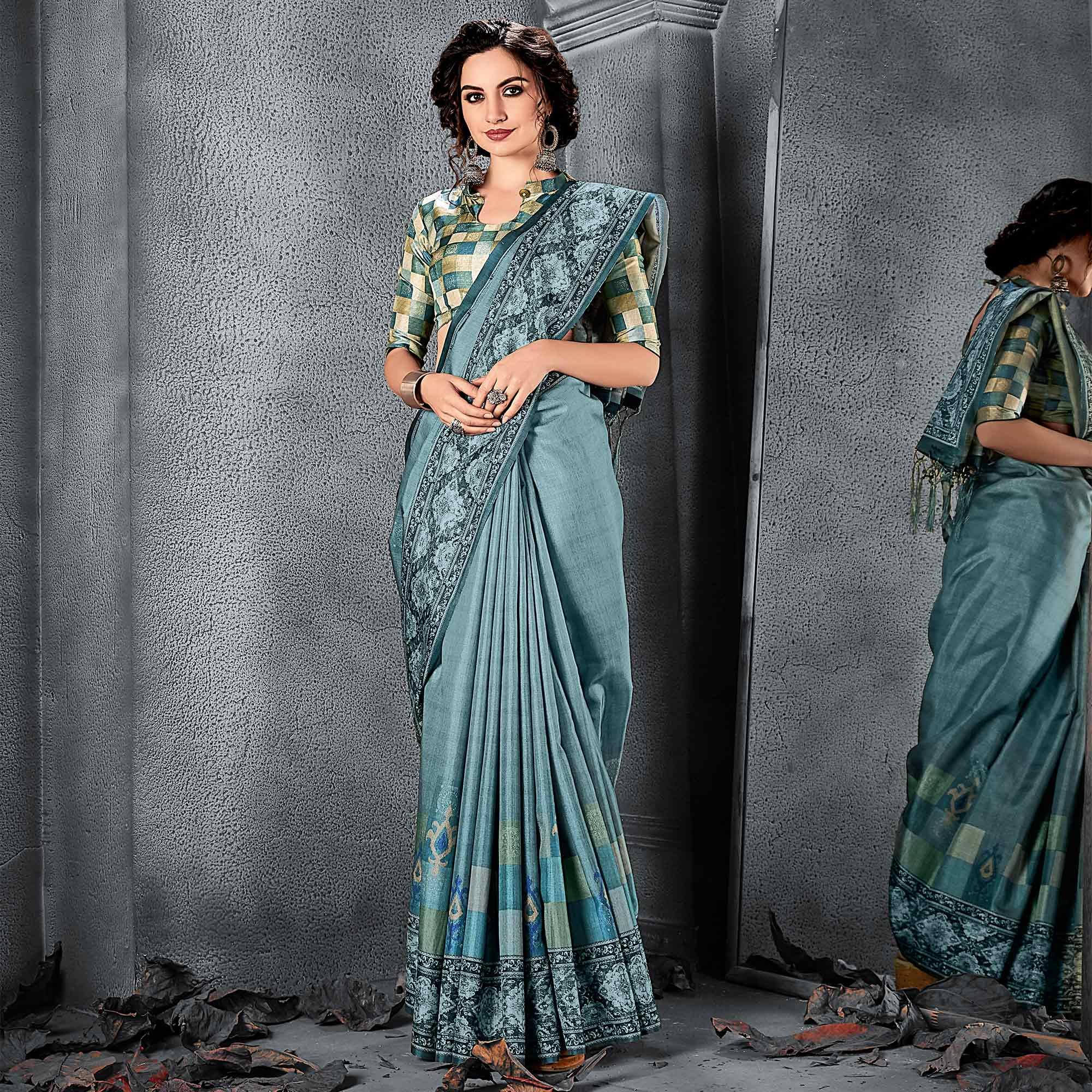 Sareemall  Blue Festive Manipuri Silk Chex Saree With Unstitched Blouse - Peachmode