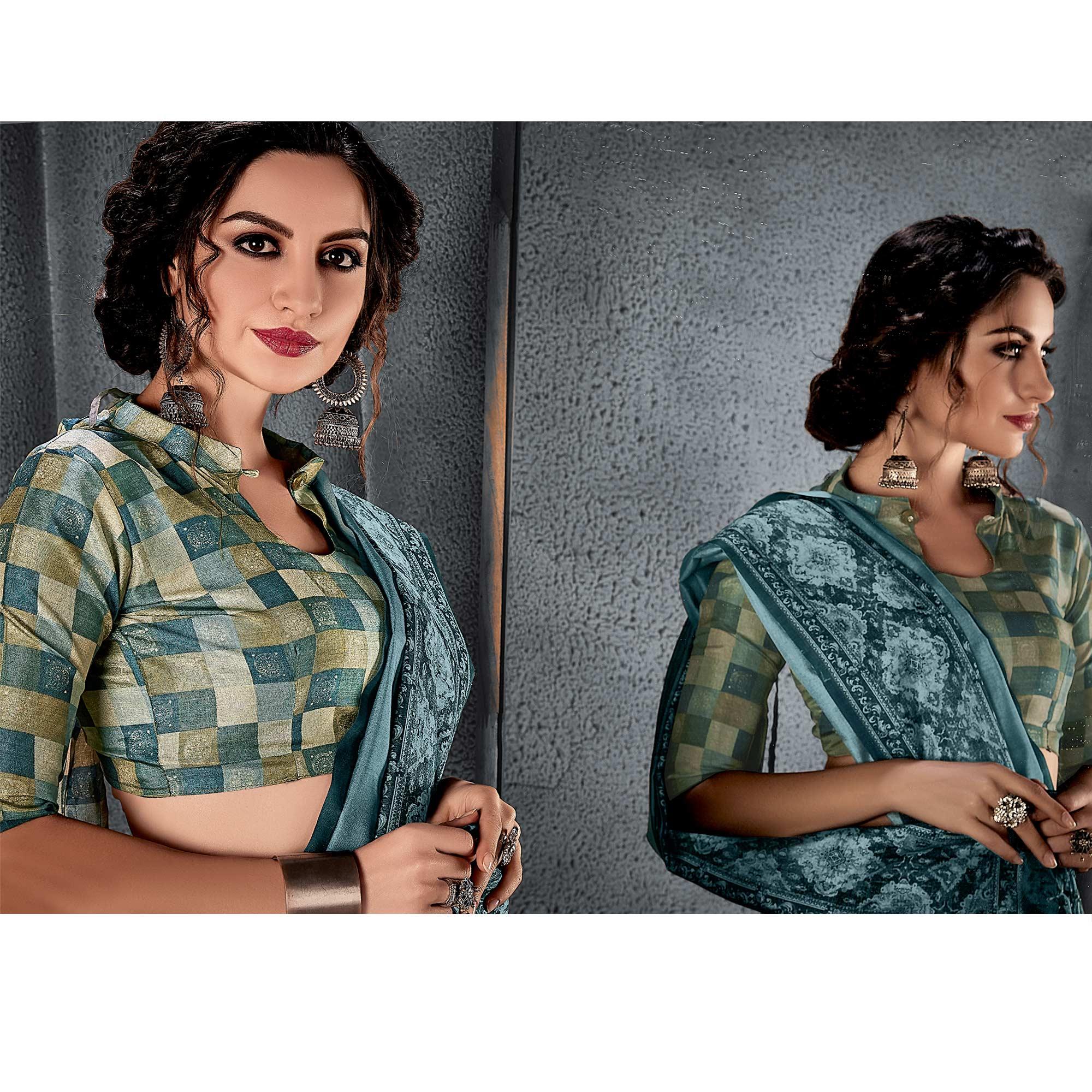 Sareemall  Blue Festive Manipuri Silk Chex Saree With Unstitched Blouse - Peachmode