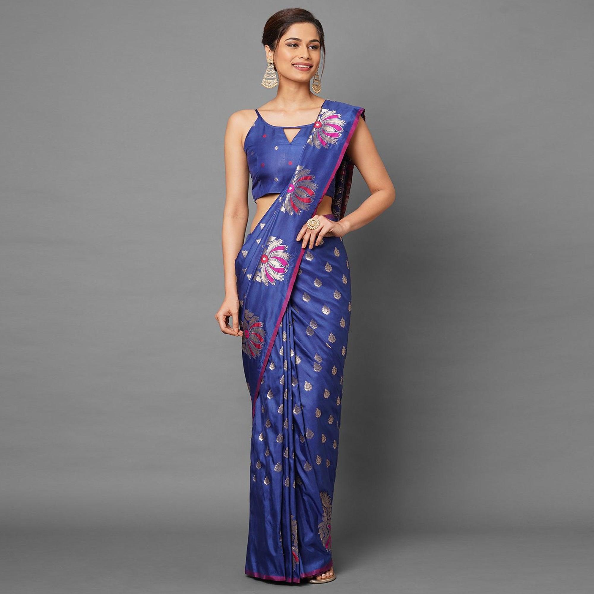 Sareemall Blue Festive Wear Silk Blend Woven Border Saree With Unstitched Blouse - Peachmode