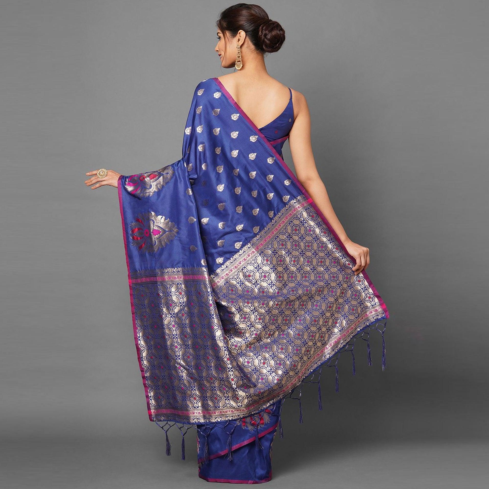 Sareemall Blue Festive Wear Silk Blend Woven Border Saree With Unstitched Blouse - Peachmode