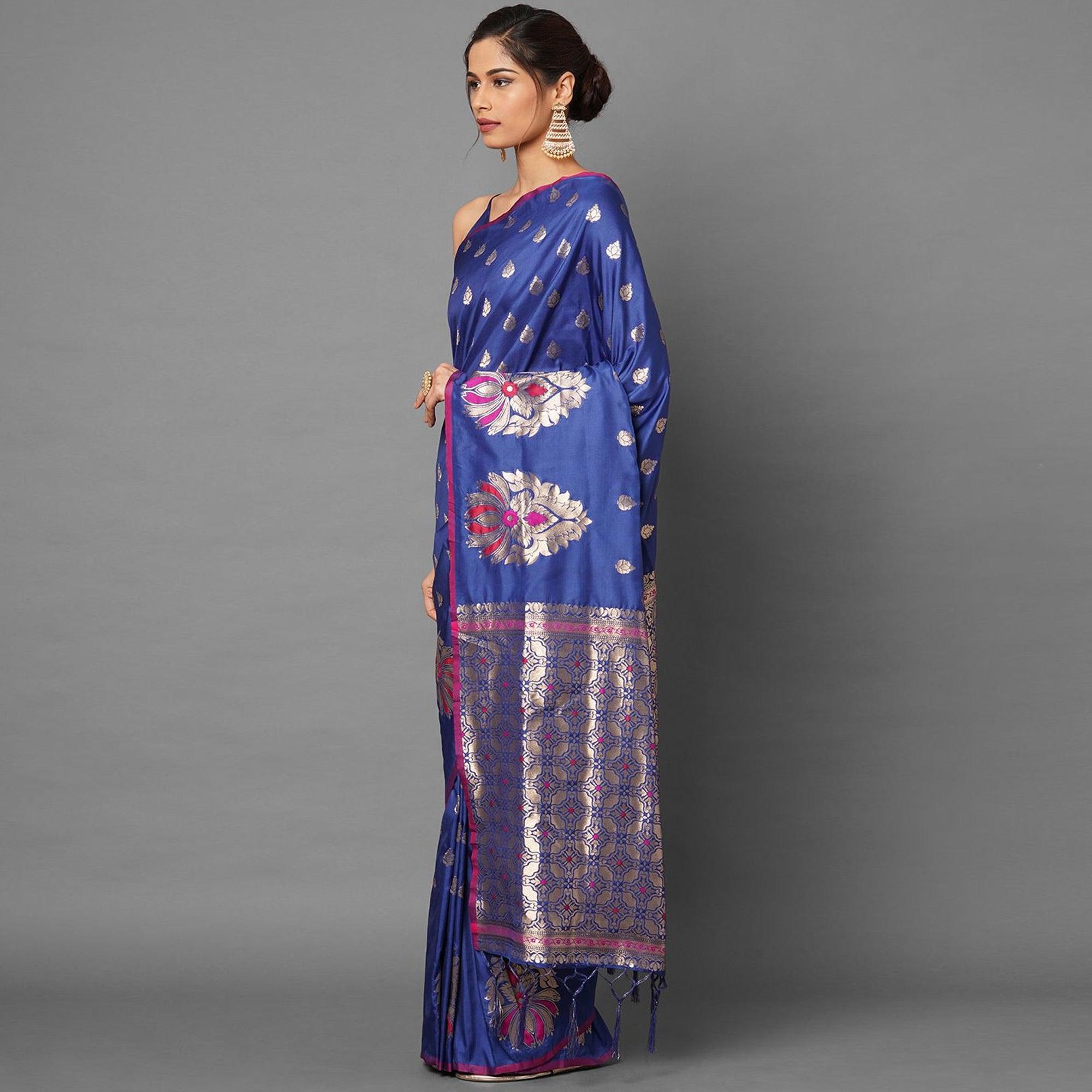 Sareemall Blue Festive Wear Silk Blend Woven Border Saree With Unstitched Blouse - Peachmode