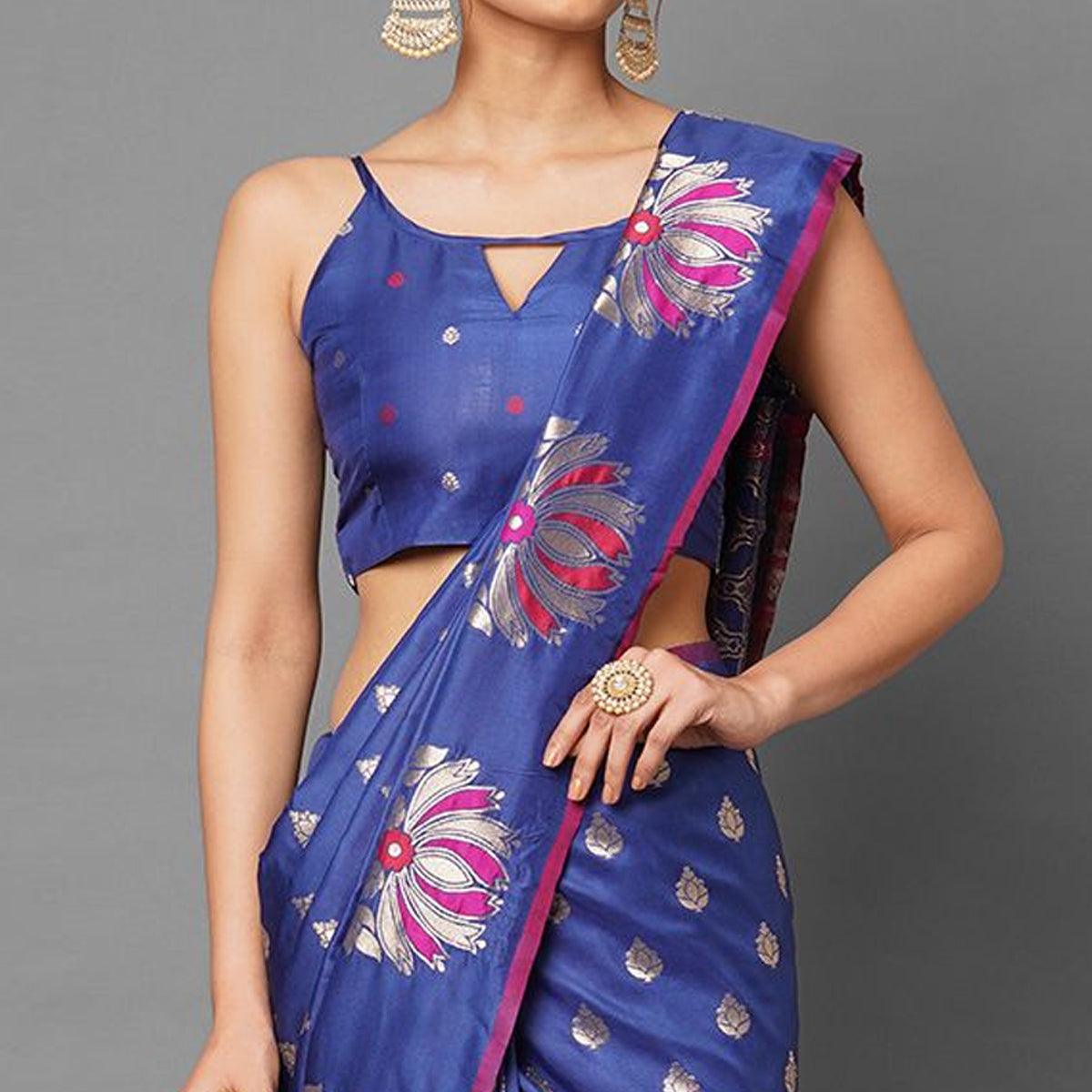 Sareemall Blue Festive Wear Silk Blend Woven Border Saree With Unstitched Blouse - Peachmode