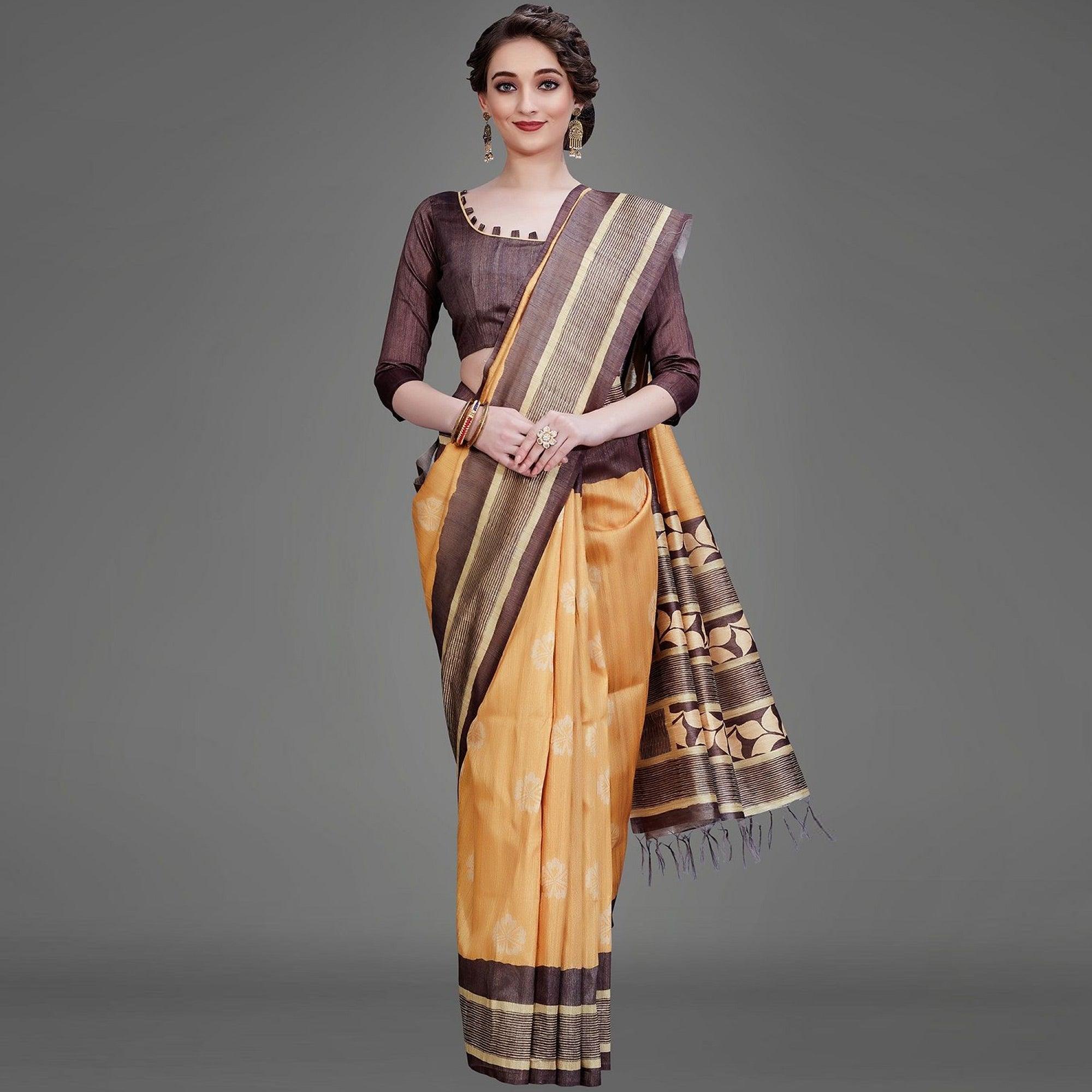 Sareemall  Brown Casual Art Silk Printed Saree With Unstitched Blouse - Peachmode
