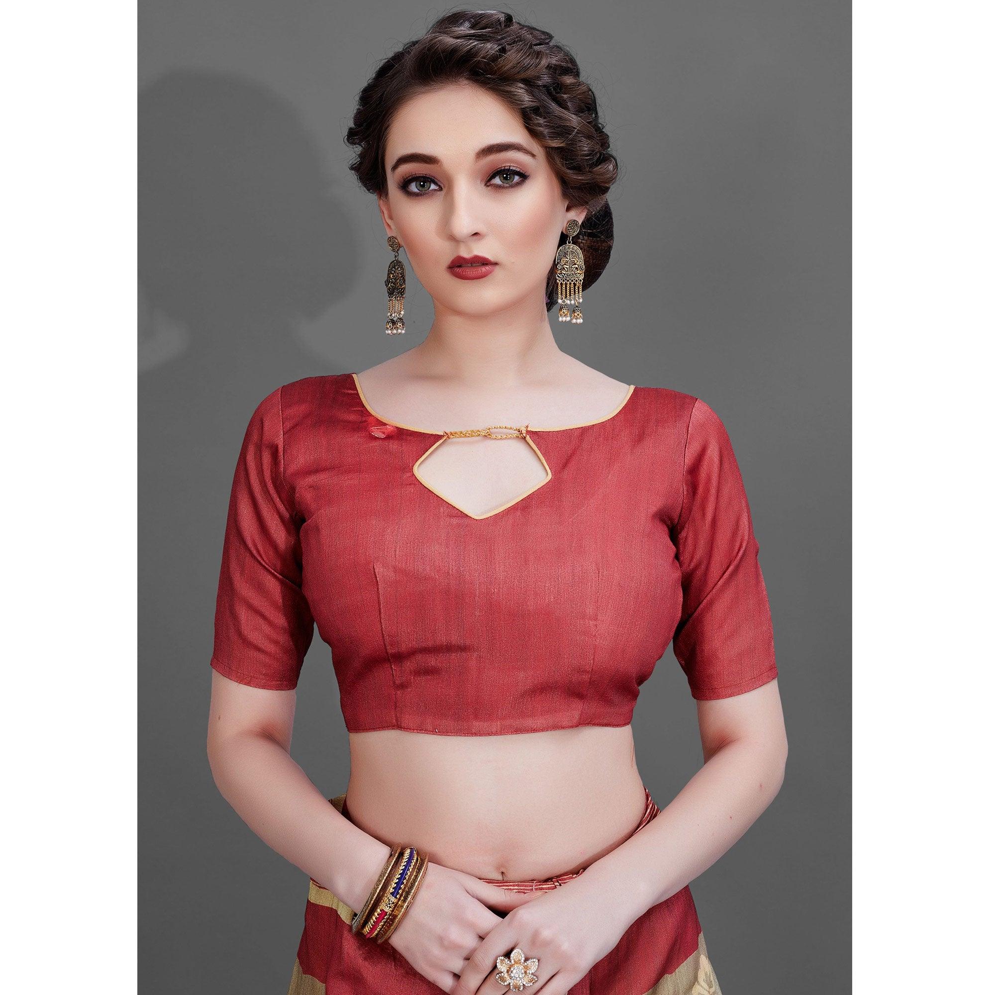 Sareemall Brown Casual Art Silk Printed Saree With Unstitched Blouse - Peachmode
