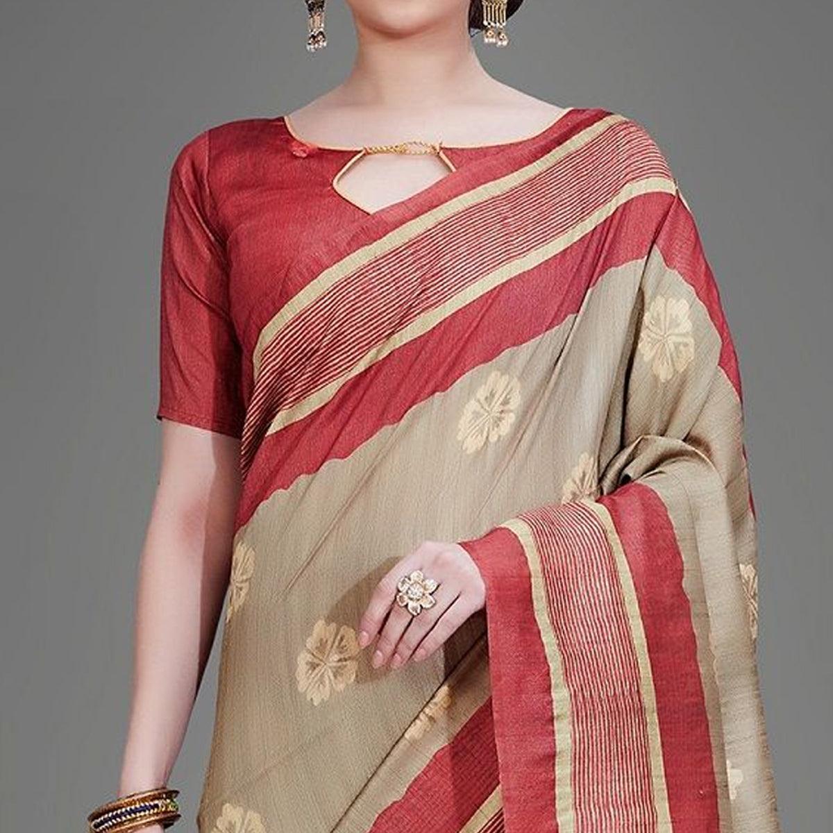 Sareemall Brown Casual Art Silk Printed Saree With Unstitched Blouse - Peachmode