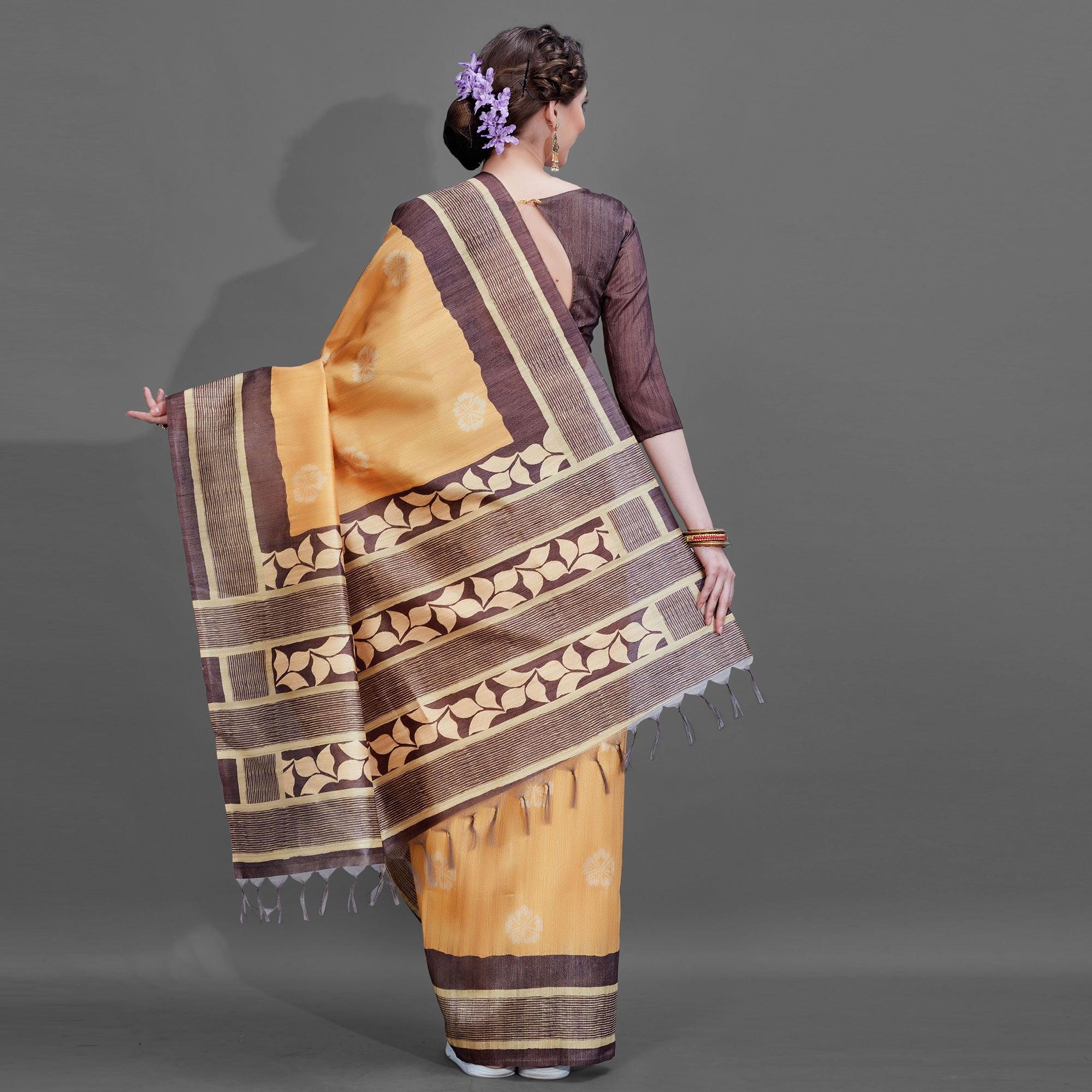 Sareemall  Brown Casual Art Silk Printed Saree With Unstitched Blouse - Peachmode