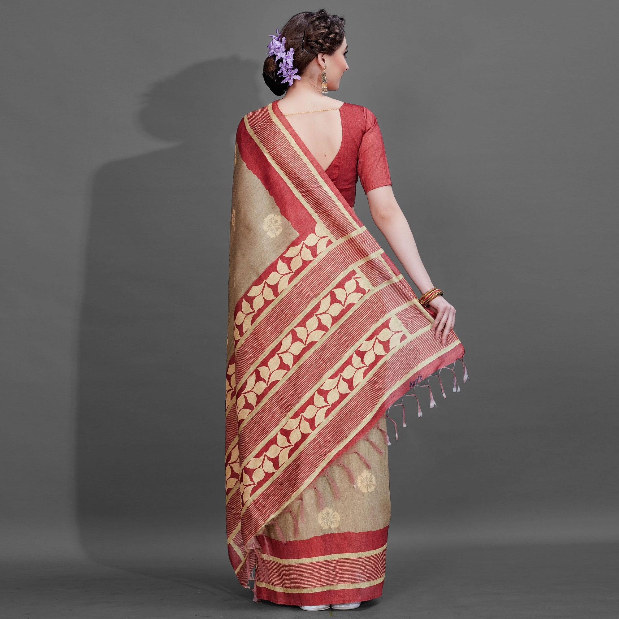 Sareemall Brown Casual Art Silk Printed Saree With Unstitched Blouse - Peachmode