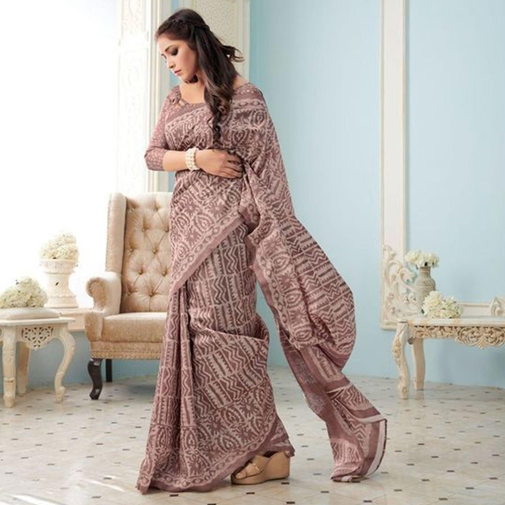 Sareemall Brown Casual Bhagalpuri Printed Saree With Unstitched Blouse - Peachmode