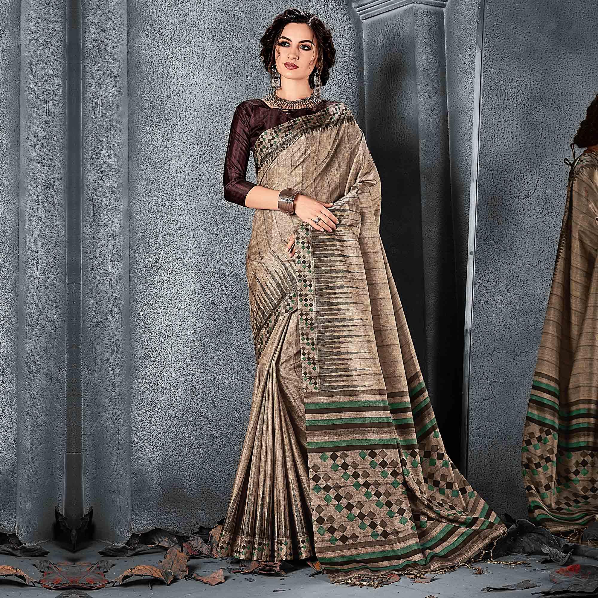 Sareemall Brown Festive Manipuri Silk Stripes Saree With Unstitched Blouse - Peachmode